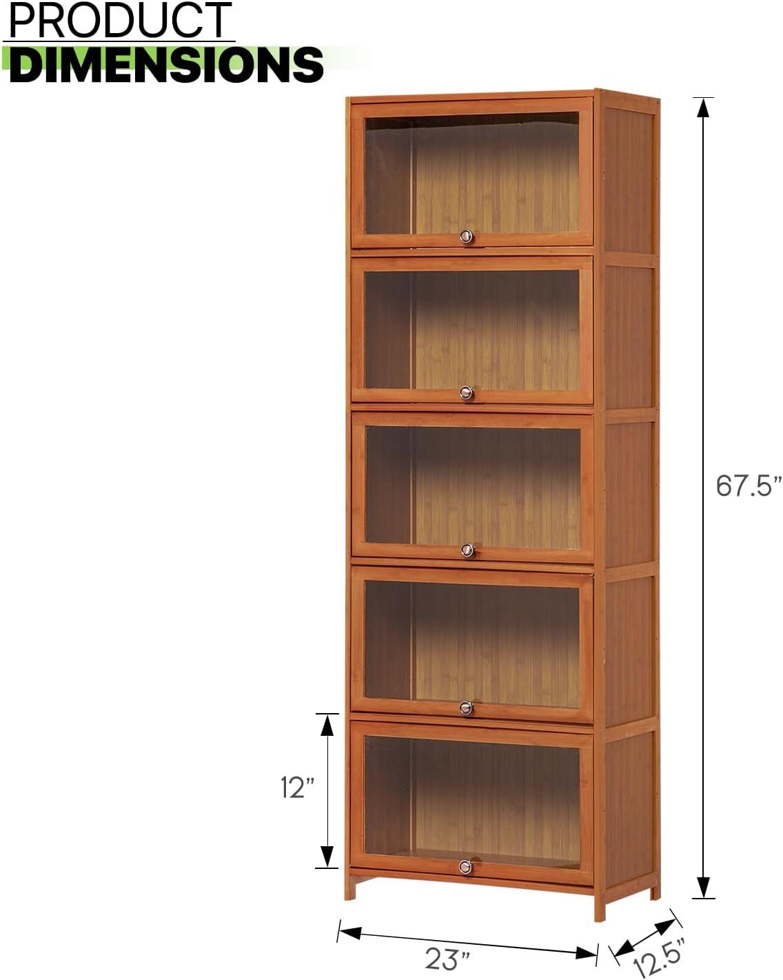Magshion Bamboo/Acrylic 3 Shelves Bookshelf, with Transparent Door Bookcase, Brown, for Home