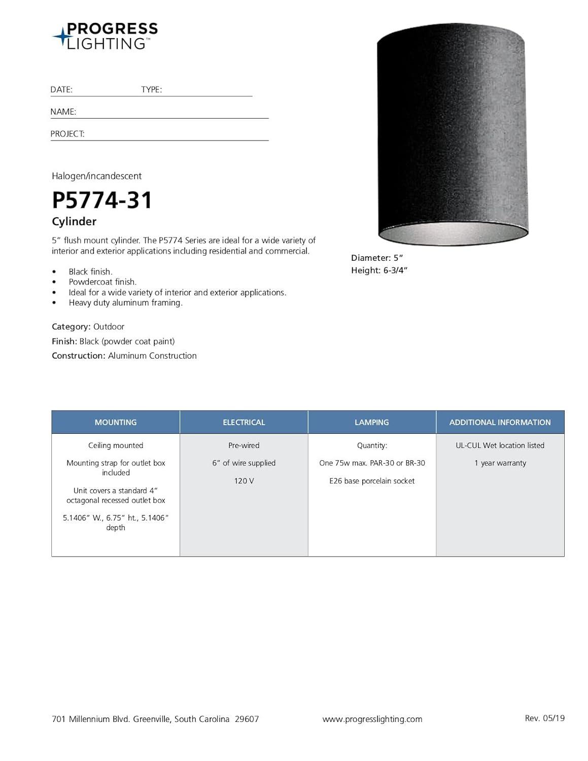 Progress Lighting, Cylinder, 1 Light, Flush Mount, Antique Bronze, Porcelain, Blank