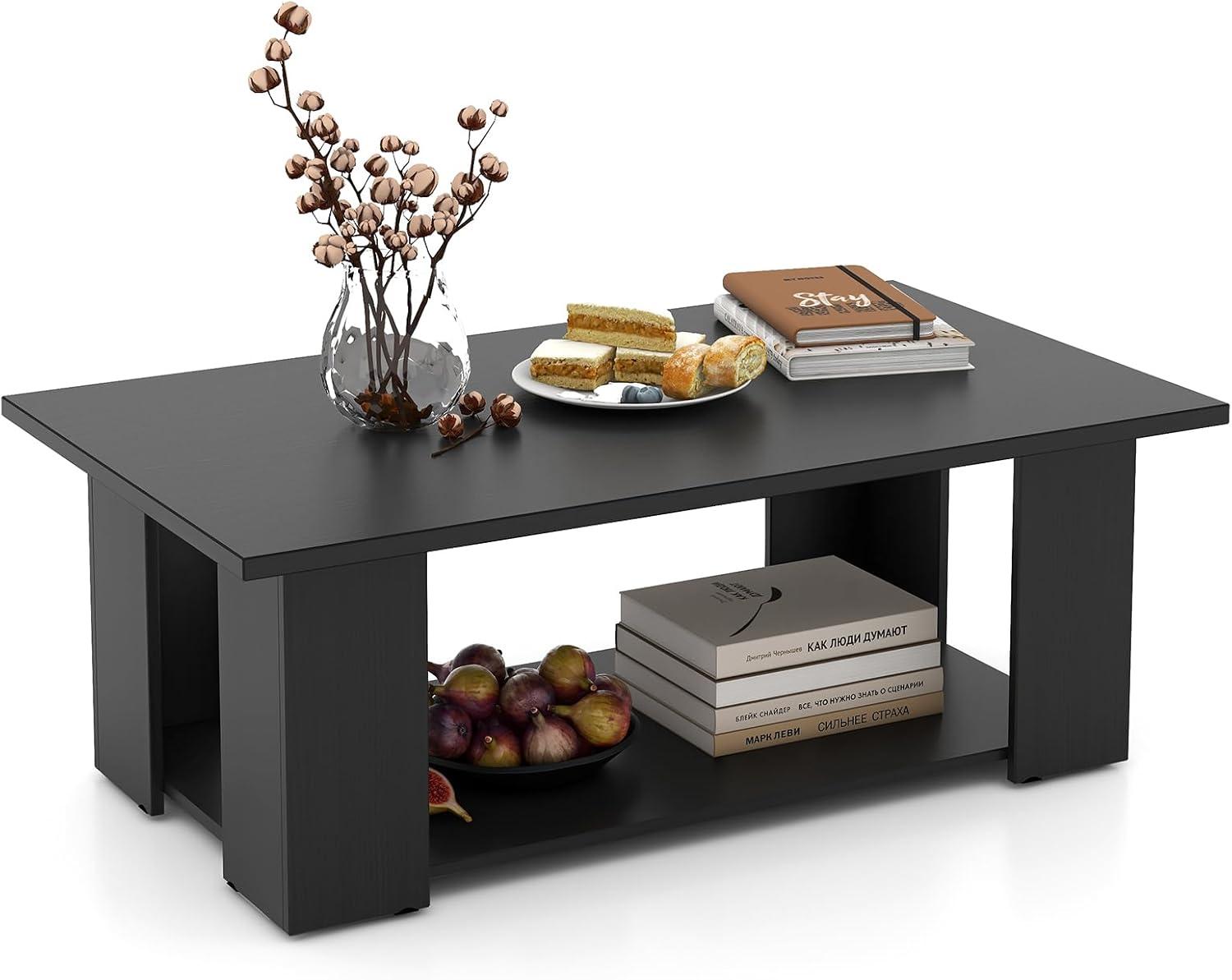 BuySphere Rectangle Wood Center Table, 41" L 2-Tier Large Modern Tea Table w/Open Compartment, Easy Assembly, Accent Coffee Table for Living Room, Reception Room, Black