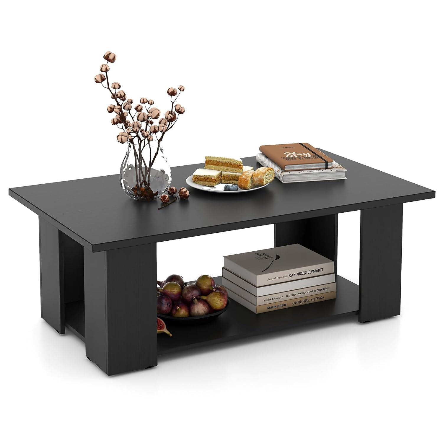 BuySphere Rectangle Wood Center Table, 41" L 2-Tier Large Modern Tea Table w/Open Compartment, Easy Assembly, Accent Coffee Table for Living Room, Reception Room, Black