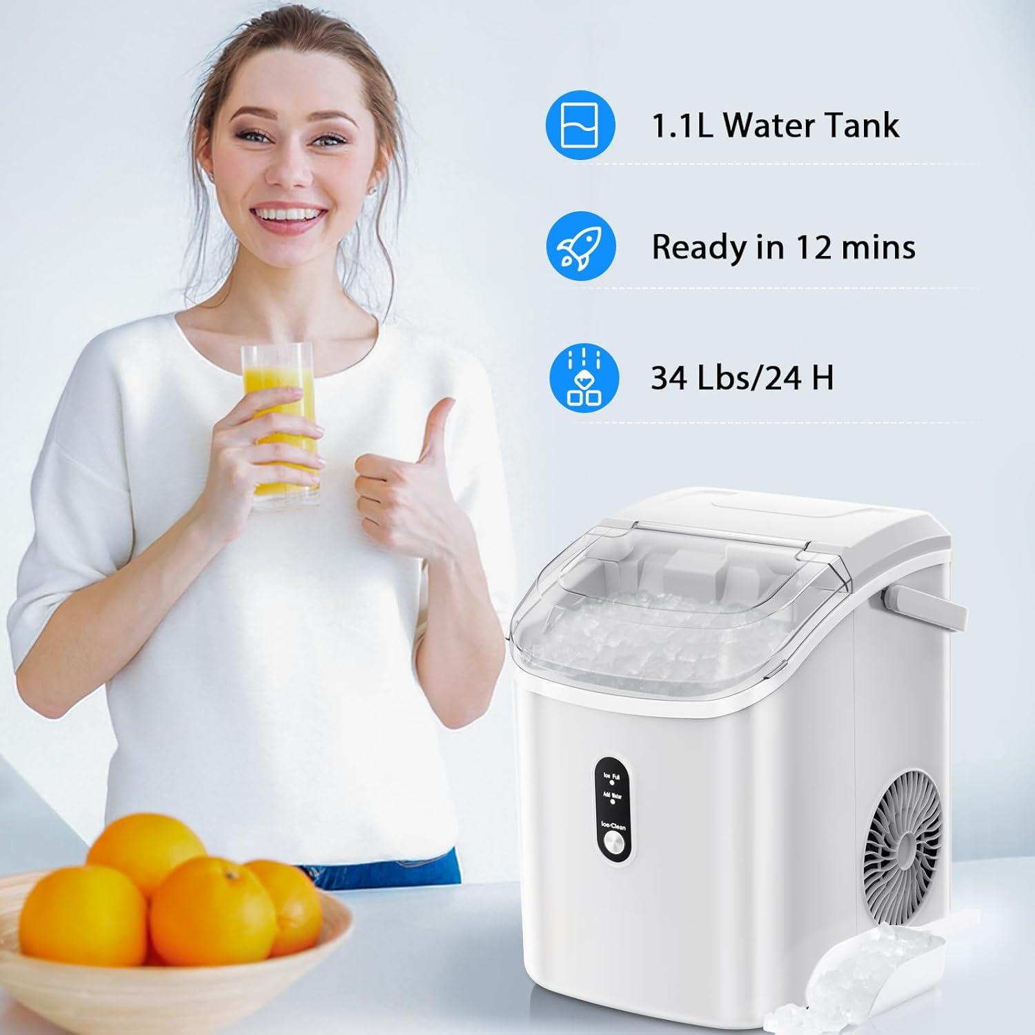 White Portable Countertop Nugget Ice Maker with Self-Cleaning