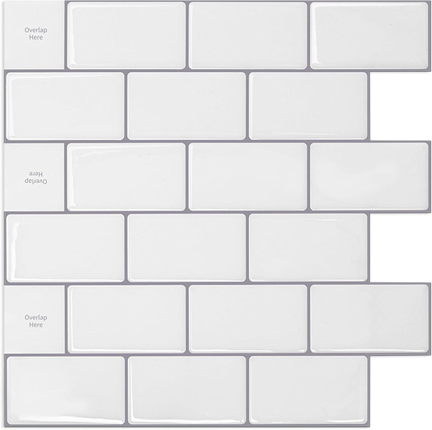 Art3d Peel and Stick Backsplash Tile, 10-Sheet Stick on Subway Tiles for Kitchem, Bathroom Back Splashes, 12"x12", Warm White with Black Grout