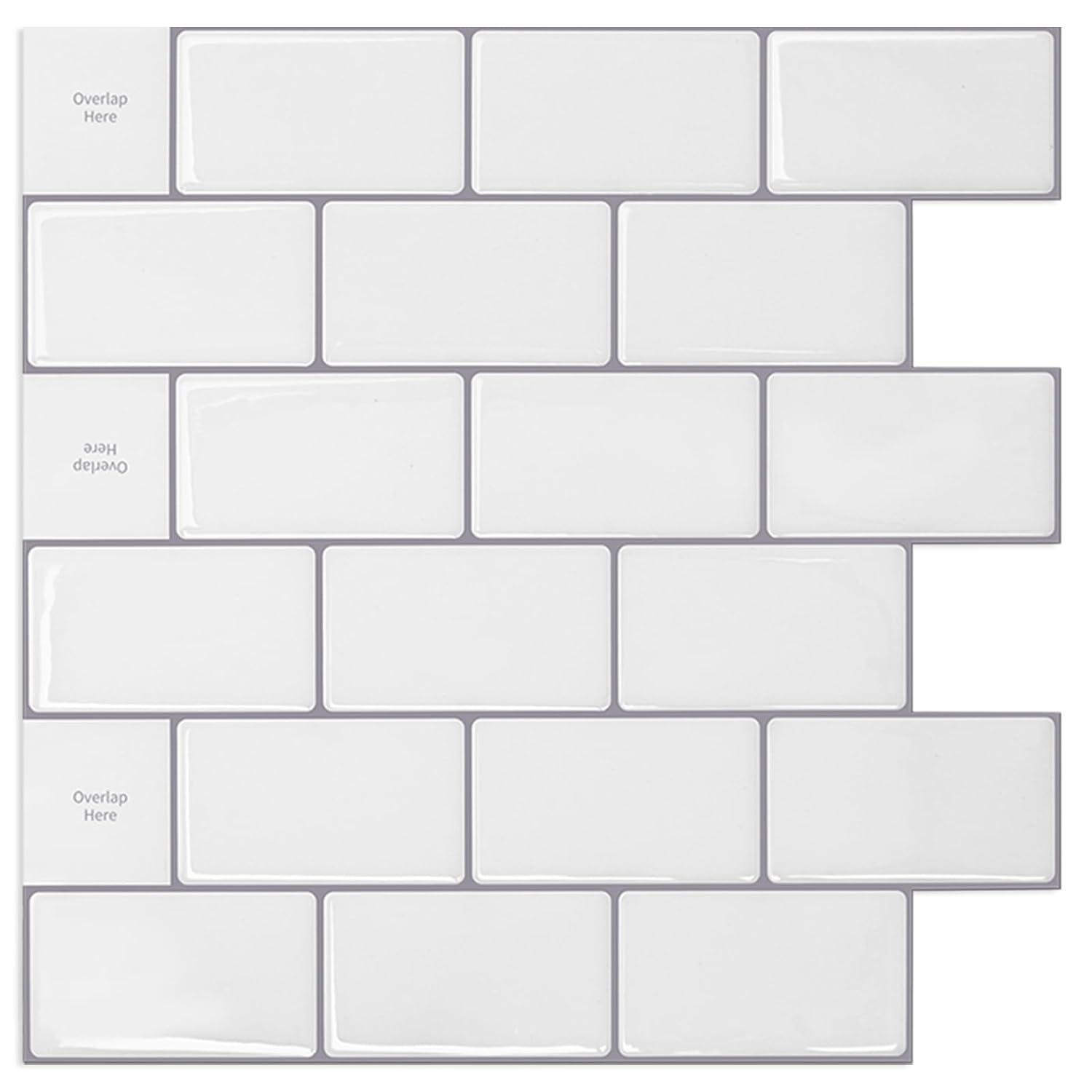Art3d Peel and Stick Backsplash Tile, 10-Sheet Stick on Subway Tiles for Kitchem, Bathroom Back Splashes, 12"x12", Warm White with Black Grout