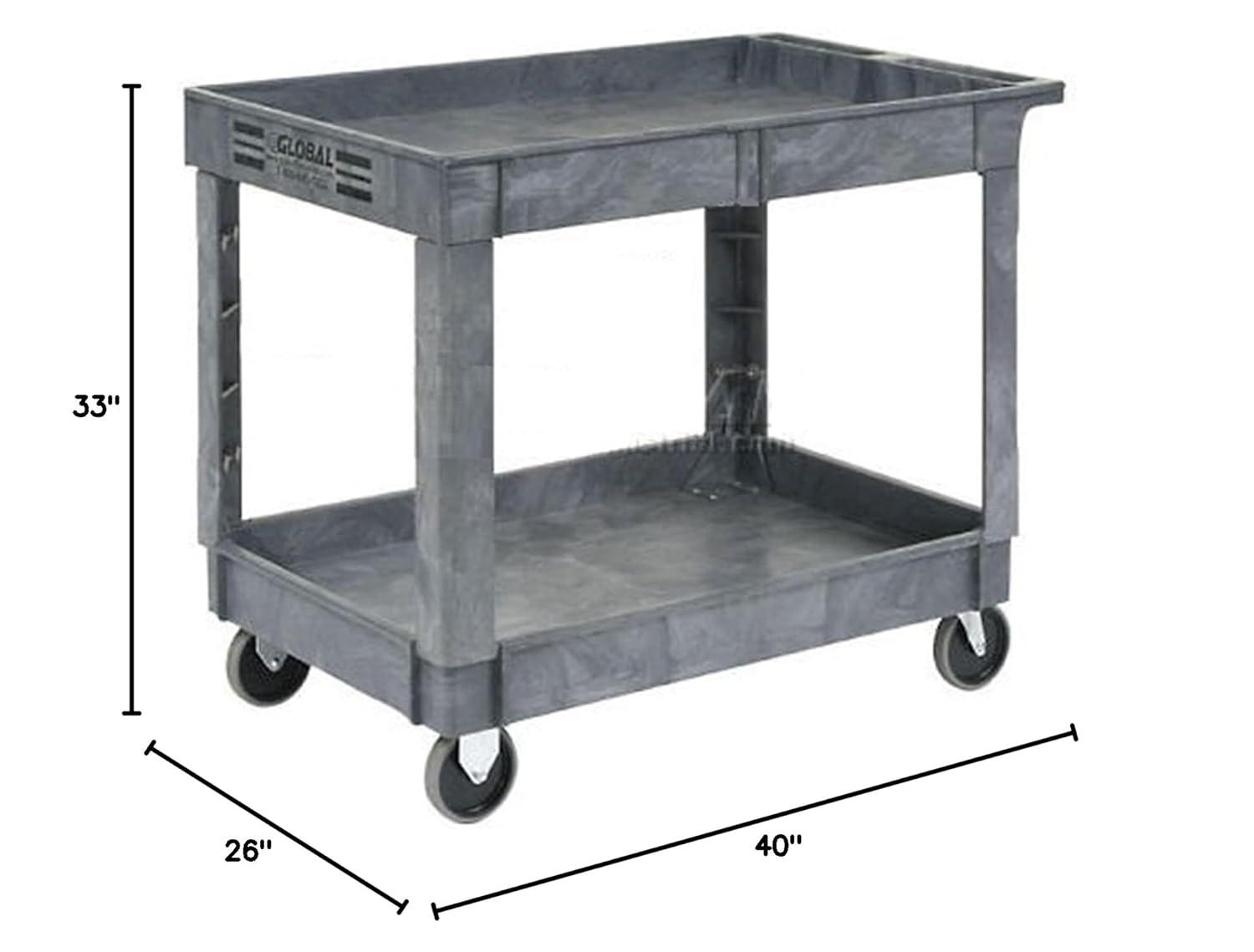 2 Shelf Tray Service & Utility Cart, Plastic, 40"x26", 5" Rubber Casters