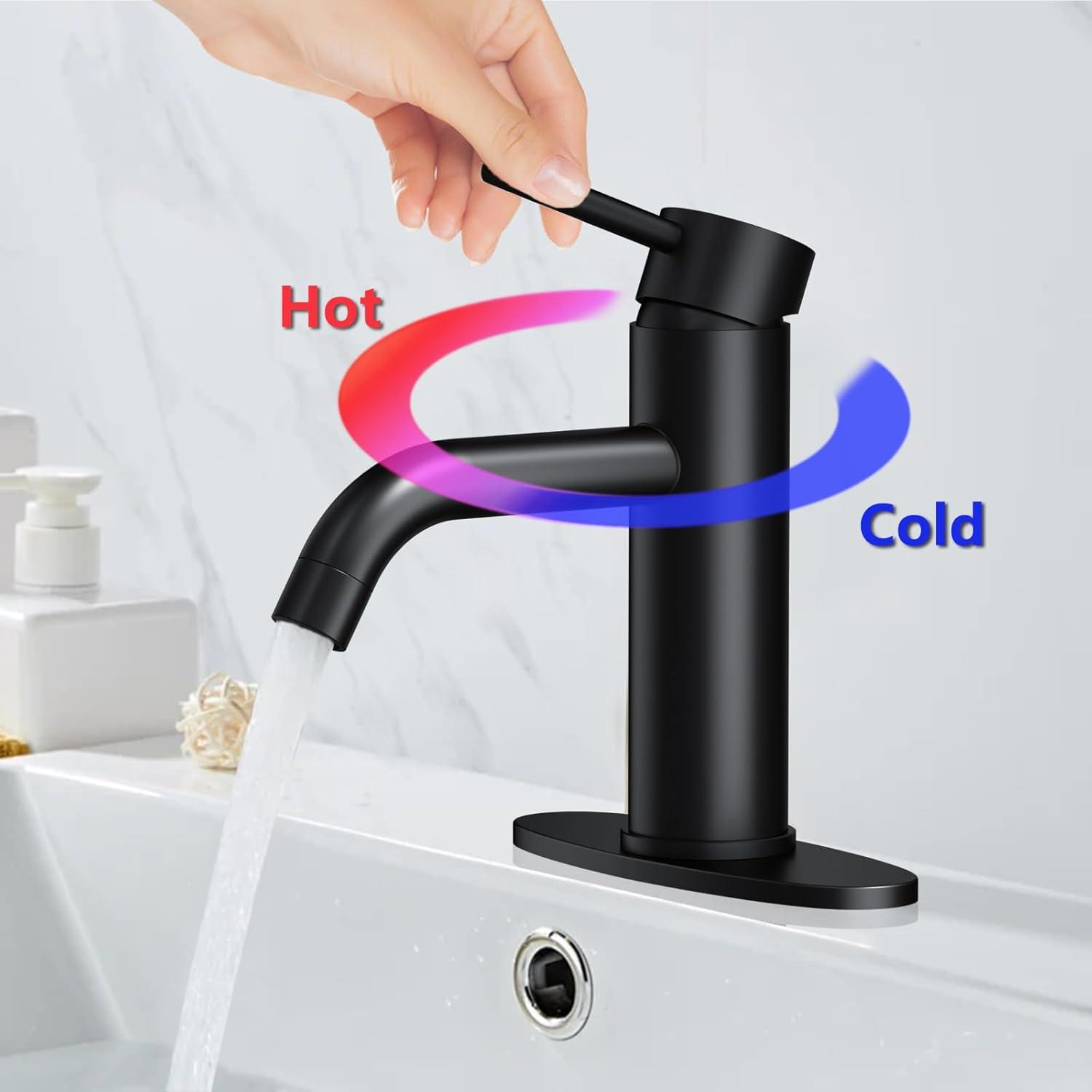 Matte Black Bathroom Faucet Black Bathroom Sink Faucet Single Handle Black Bathroom Faucet Modern Single Hole Faucet Bathroom with Pop-up Sink Drain Stopper & Deck Plate 1 or 3 Hole Bathroom Faucet