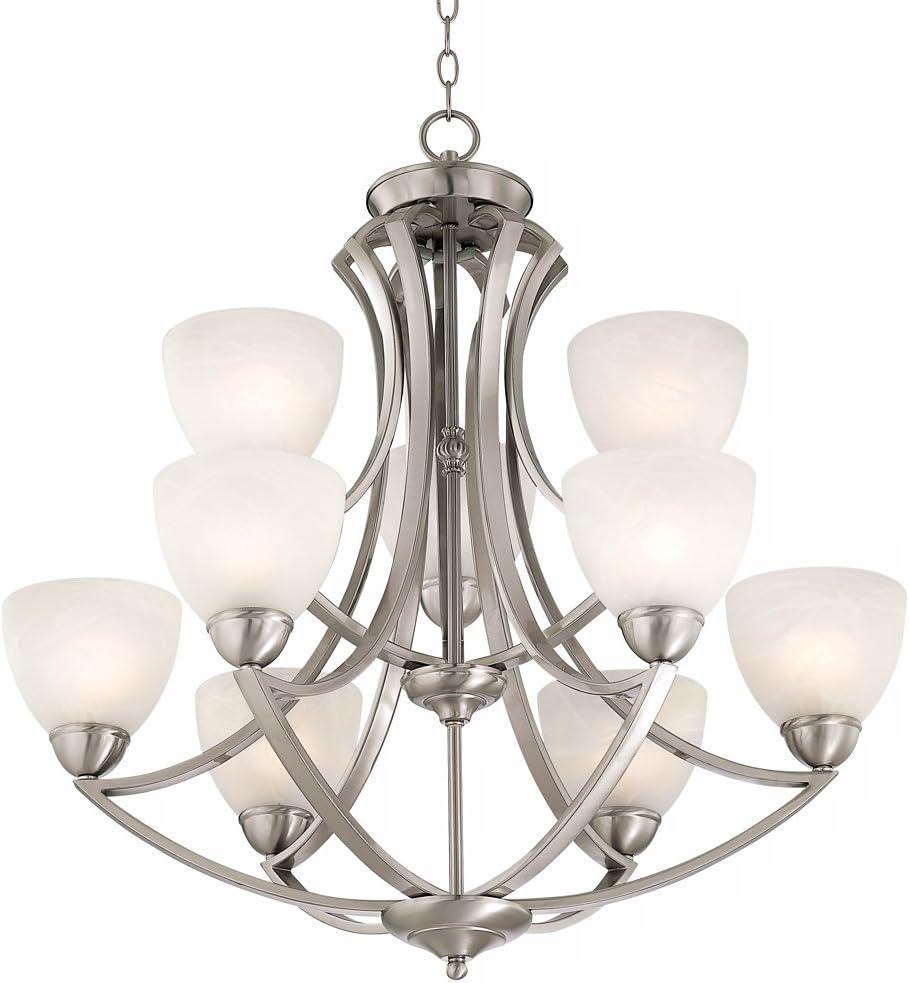 Possini Euro Design Milbury Satin Nickel Chandelier 30" Wide Industrial Tiered White Glass Shade 9-Light Fixture for Dining Room House Kitchen Island