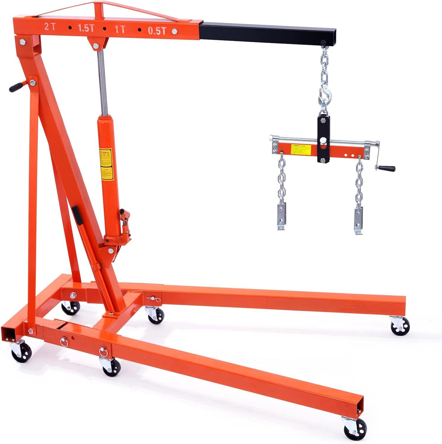 BENTISM 2T Folding Engine Crane Movable Engine Hoist with Load Leveler 4400 lbs/2 ton Heavy-Duty Cherry Picker Shop Crane Adjustable Boom Engine Crane
