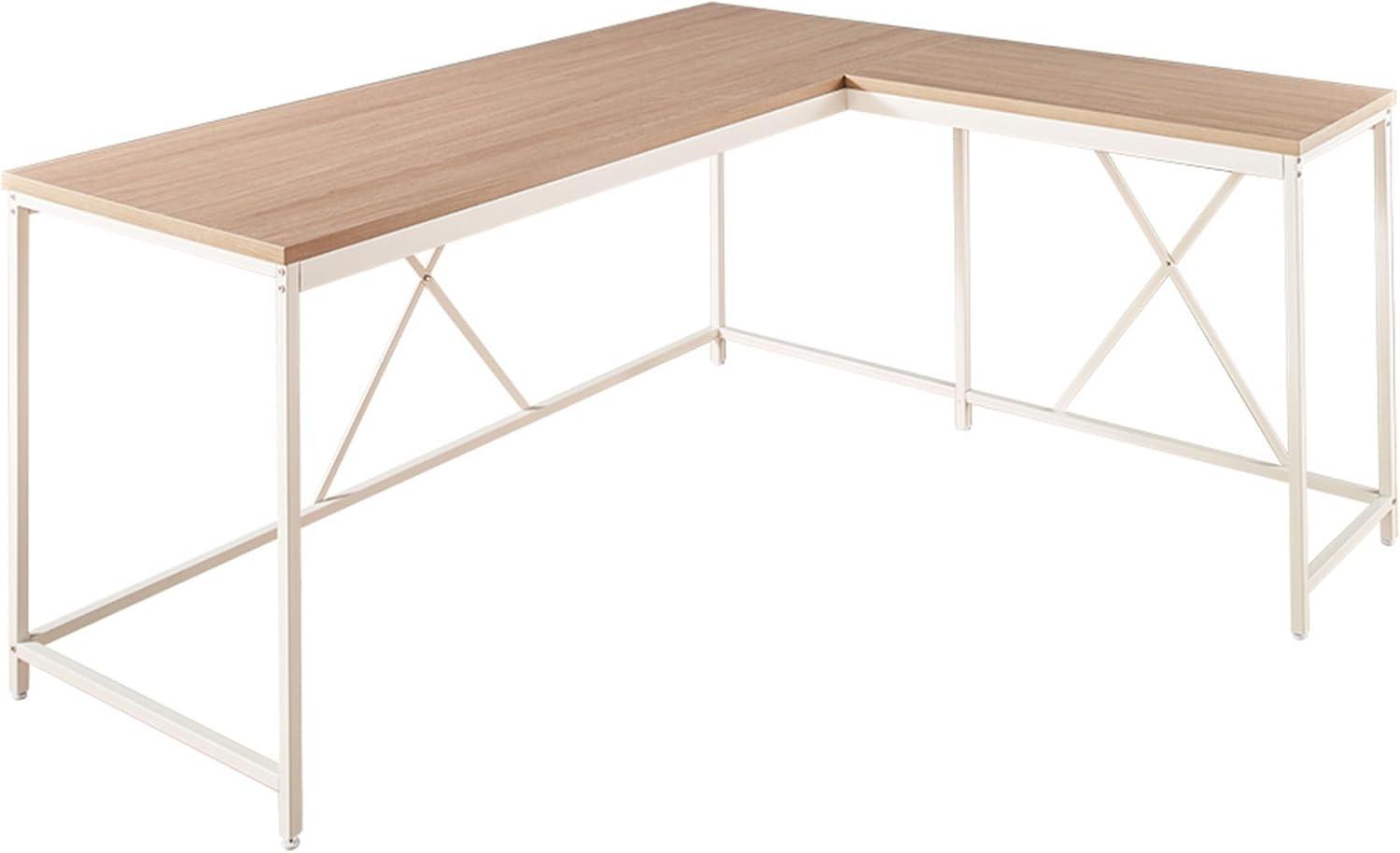 Benjara Posy Corner Desk, L Shaped White Metal Frame, X Crossed, Oak Brown Wood Top