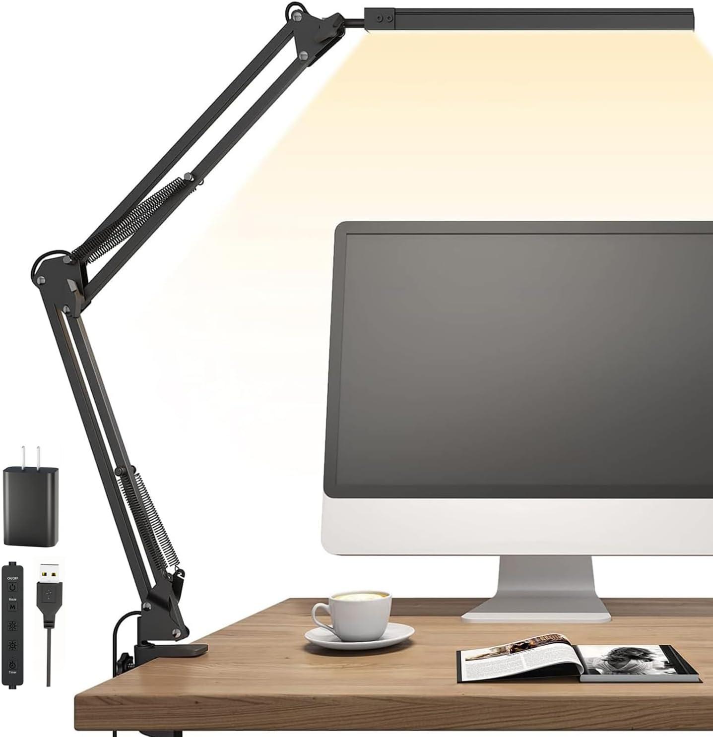 LED Desk Lamp, Swing arm Desk Light with clamp, 3 Lighting 10 Brightness Eye-Caring Modes, Reading Desk Lamps for Home Office 360 Degree Spin with USB Adapter & Memory Function black-14W