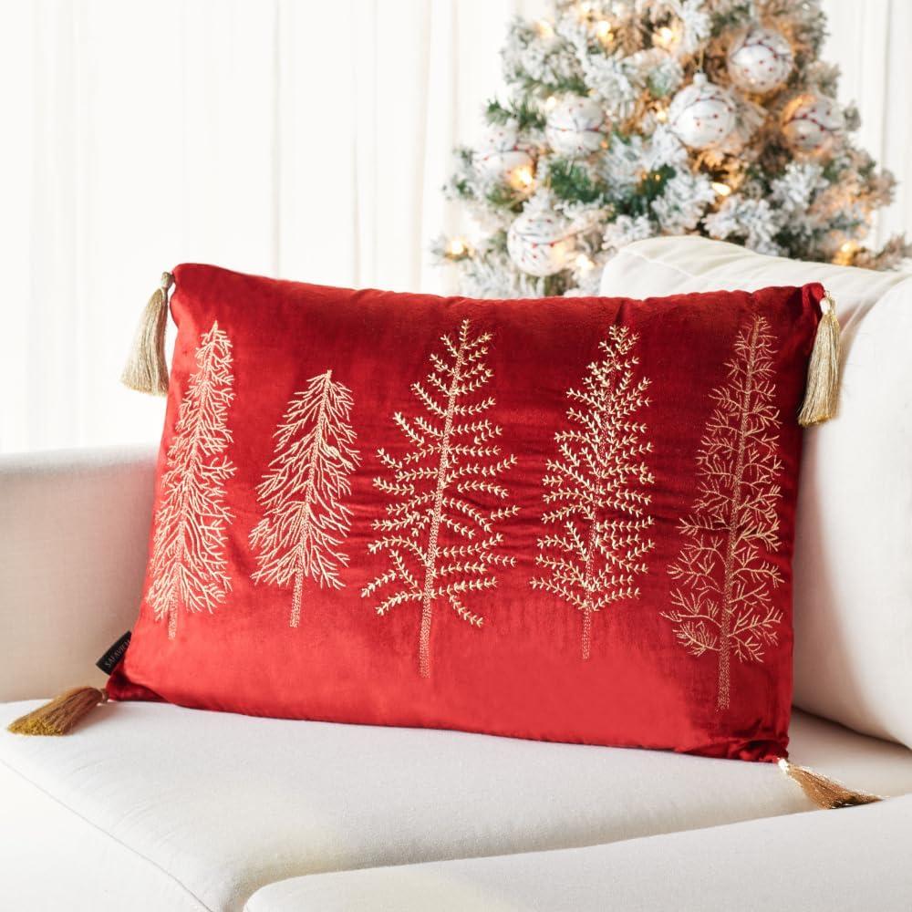 Red and Gold Embroidered Holiday Tree Pillow with Tassels