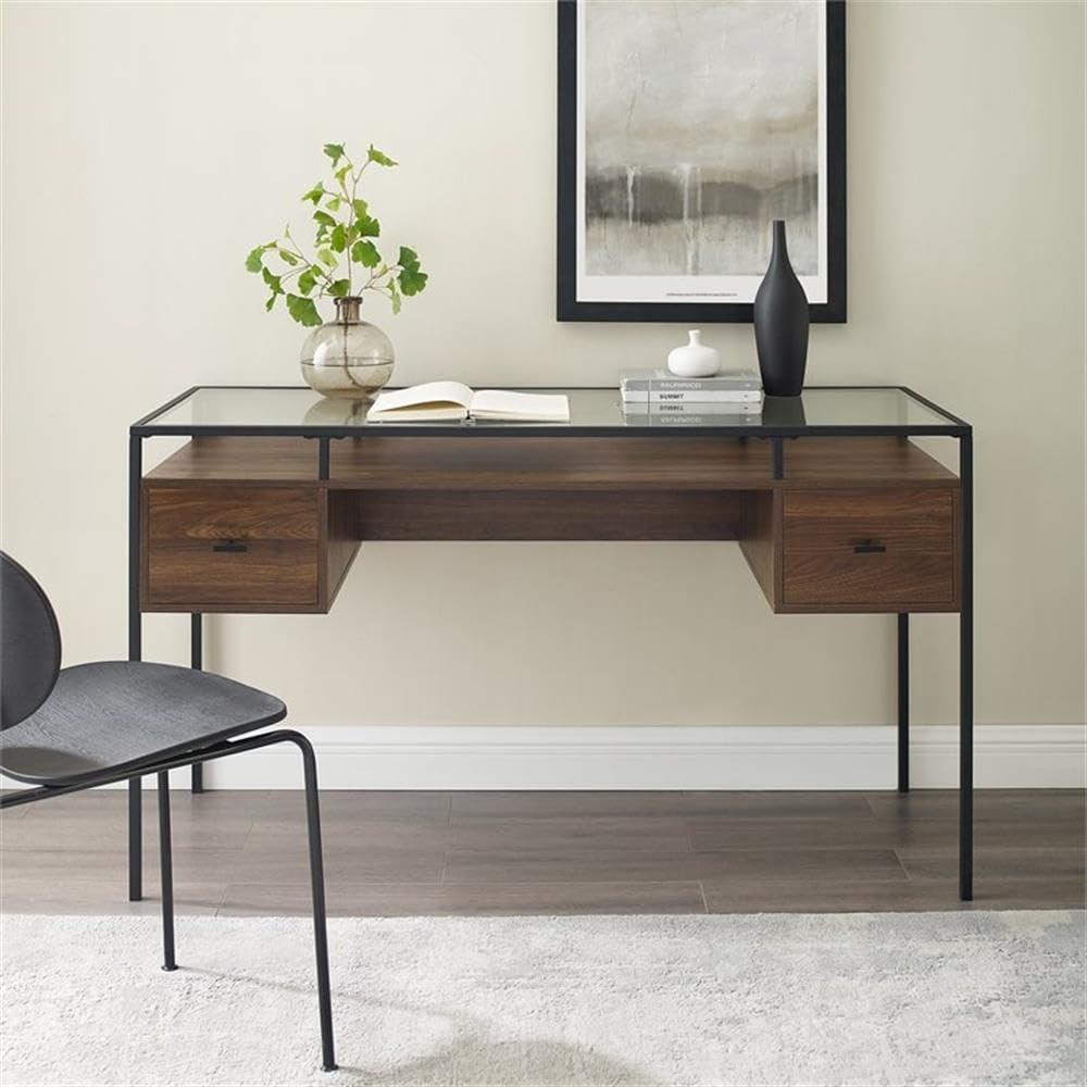 Fulton 56" 2-Drawer Lifted Tempered Glass Top Desk in Dark Walnut