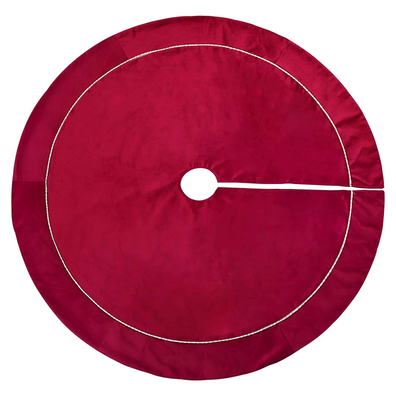 Christmas Tree Skirt, 48 inches Red Luxury Velvet Plush Fur Skirts with Gold Embroidered Holly Leaf for Rustic Xmas Tree Holiday Decorations