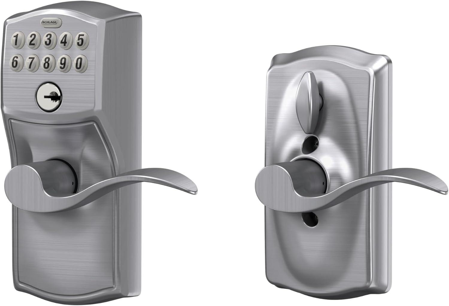 Schlage FE595 Camelot By Accent Keypad with 16211 Latch 10063 Strike Entry Flex-Lock Electronic Keypad with 16211 Latch 10063 Strike Satin Chrome Finish