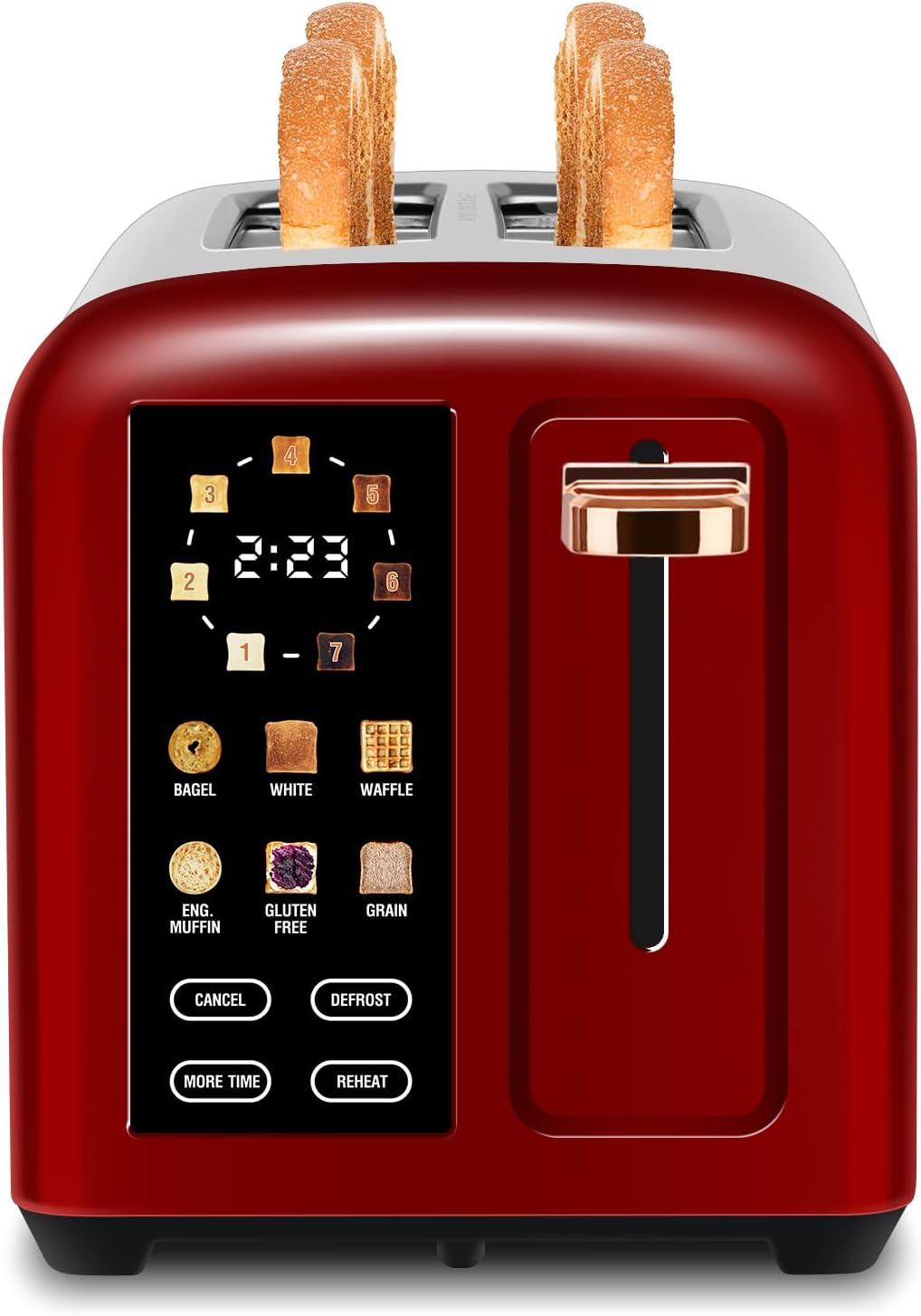 SEEDEEM Toaster 2 Slice with Touch Screen, Faster Heating Speed, 7 Shade Setting, 6 Bread Type, 1.5”Wide Slots Toaster, Removable Crumb Tray, 1350W, Dark Cherry