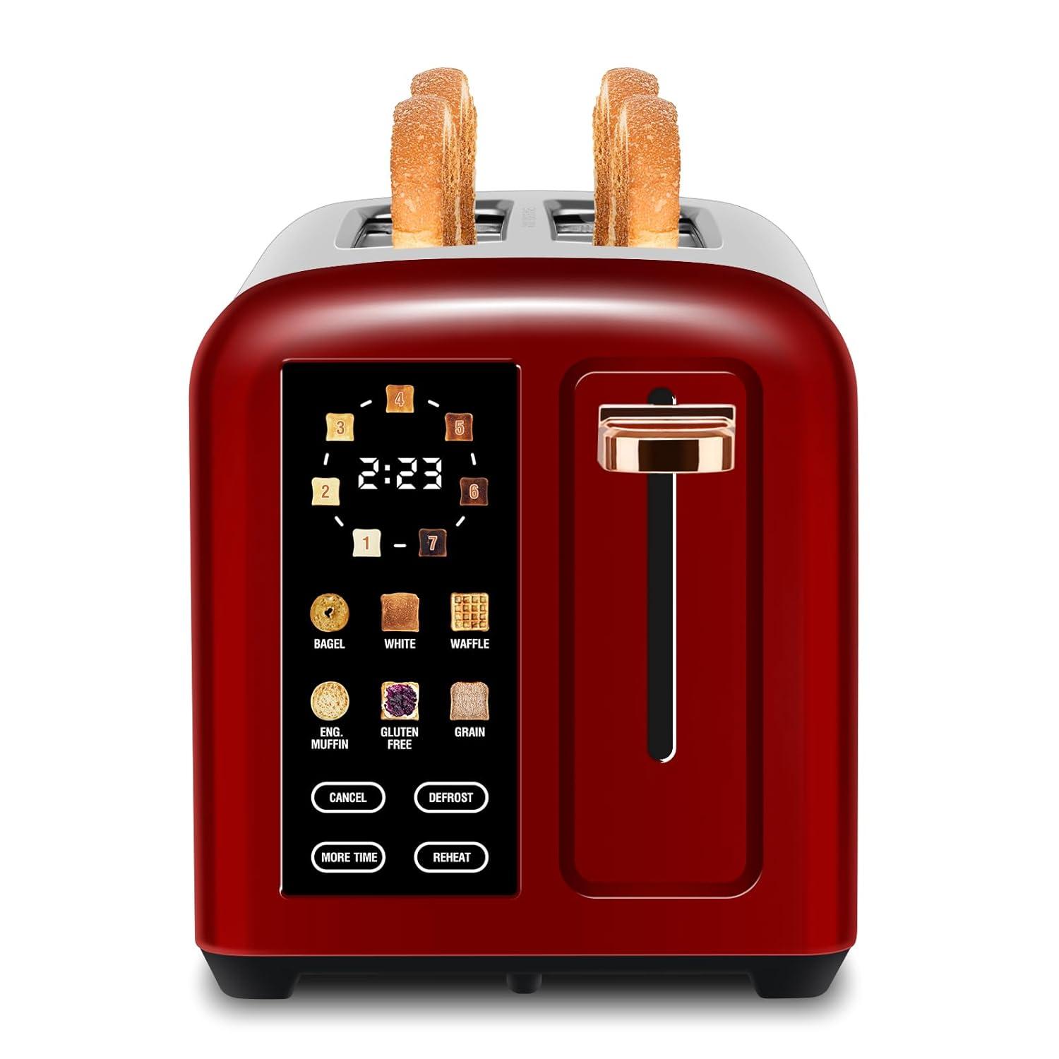 SEEDEEM Toaster 2 Slice with Touch Screen, Faster Heating Speed, 7 Shade Setting, 6 Bread Type, 1.5”Wide Slots Toaster, Removable Crumb Tray, 1350W, Dark Cherry