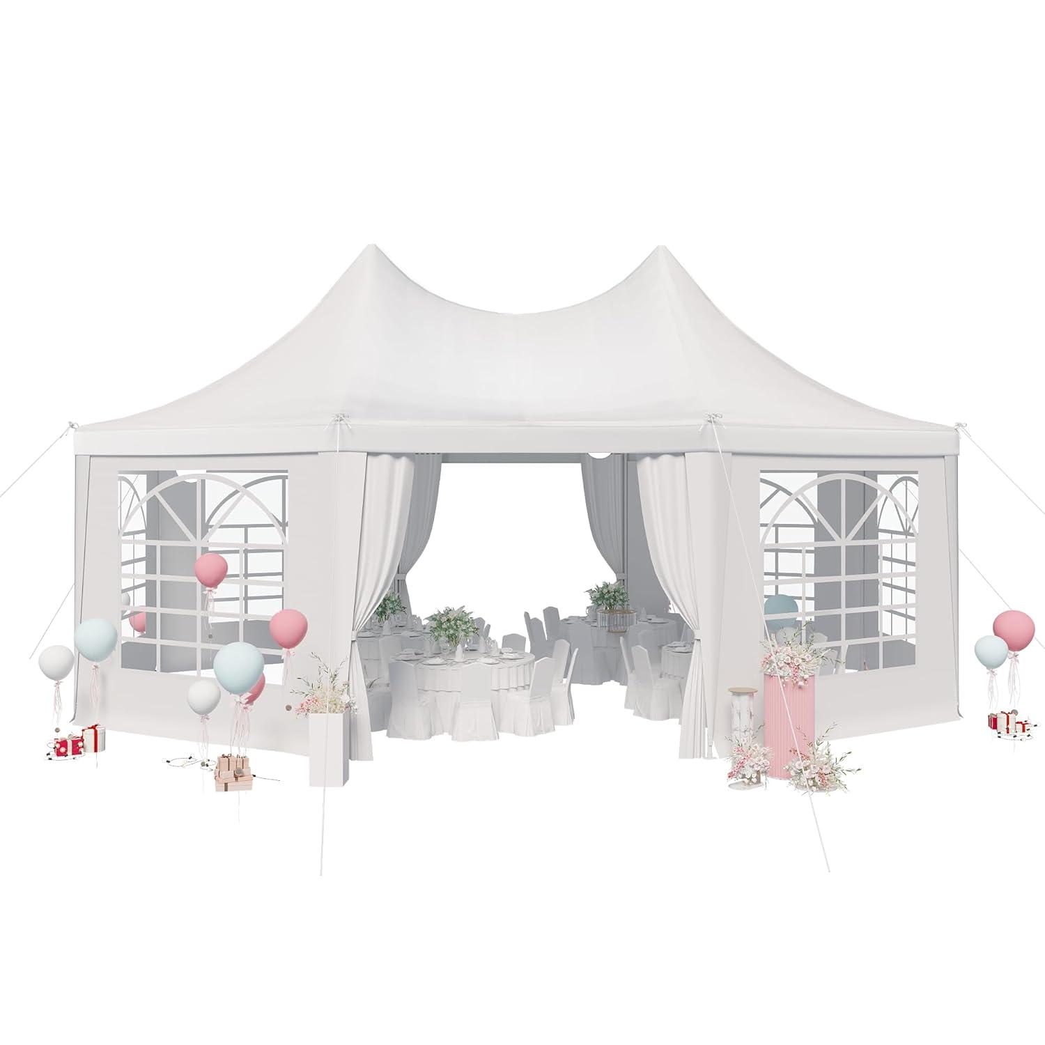 EROMMY 20x15ft Party Tent, White Wedding Tent, Octagonal Heavy Duty Canopy with 6 Removable Sidewalls, 6 Church Windows and 2 Pull-Back Doors, Outdoor Gazebo Pavilion Shelter Tent for Party, Event