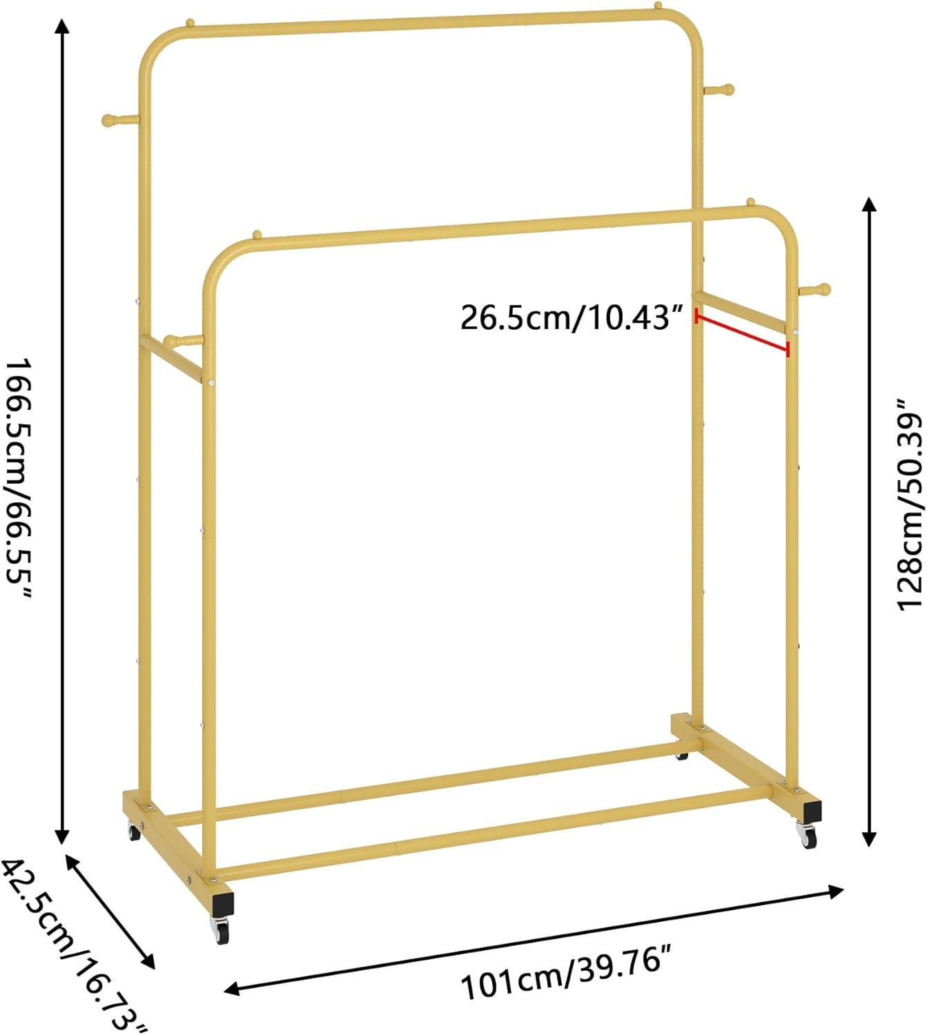 Gold Double Rods Portable Garment Rack with Wheels and Hooks