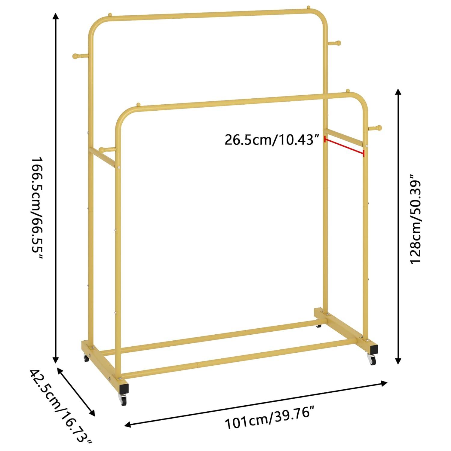Laiensia Double Rods Garment Rack with Wheels, Clothing Rack for Hanging Clothes,4 Hooks, Multi-Functional Bedroom Clothes Rack, Gold