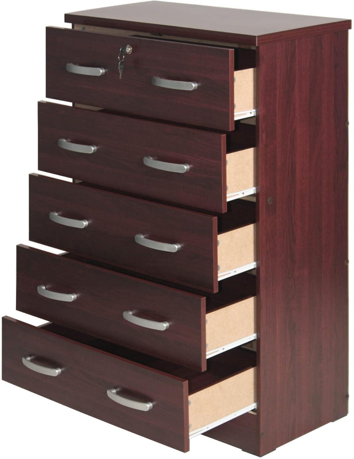 Modern Mahogany 5-Drawer Vertical Nursery Dresser with Lock