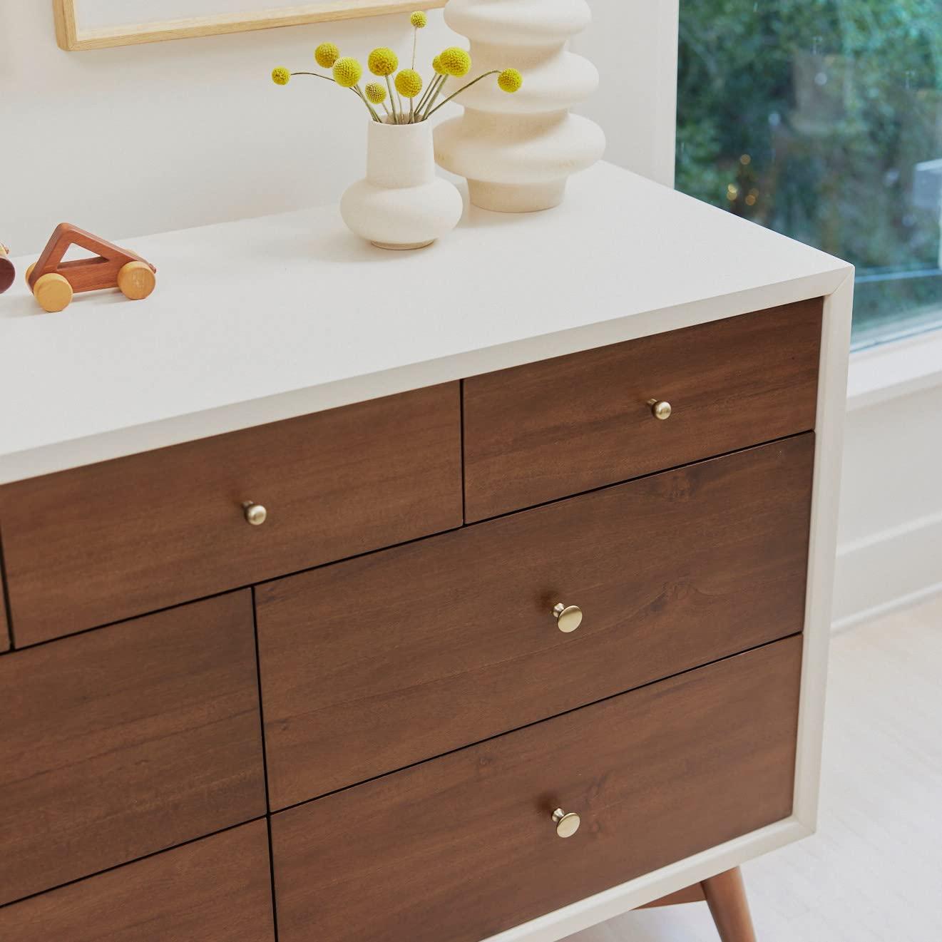 Warm White and Natural Walnut Mid-Century Double Dresser with Tapered Legs