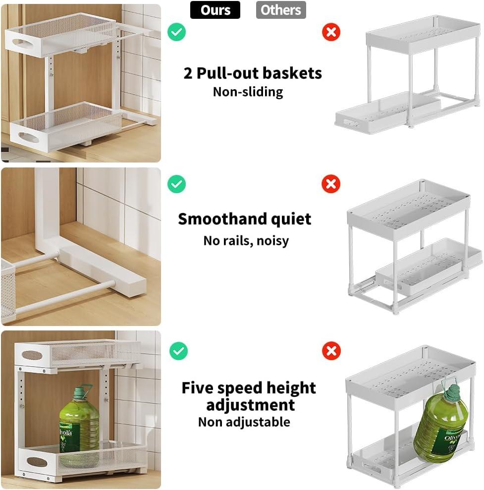 Sink Organizer, 2 Pack 2 Tier Sink Organizer and Storage, Slide-Out Pull-Out Cabinet Organizer, Sliding Metal Drawer for Home Kitchen, Bathroom, Pantry