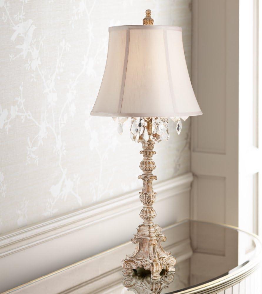 Barnes and Ivy Duval Traditional Table Lamp 34" Tall Distressed Antique White Candlestick Crystal Beige Fabric Bell Shade for Bedroom Living Room Home