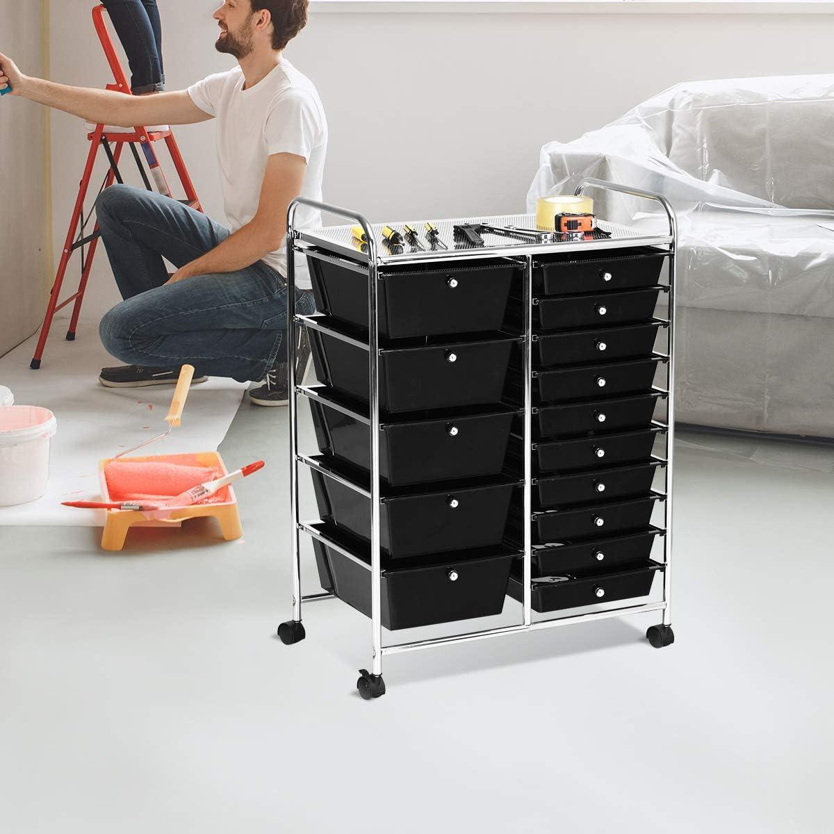 15-drawer Utility Organizer Rolling Cart with Wheels Black