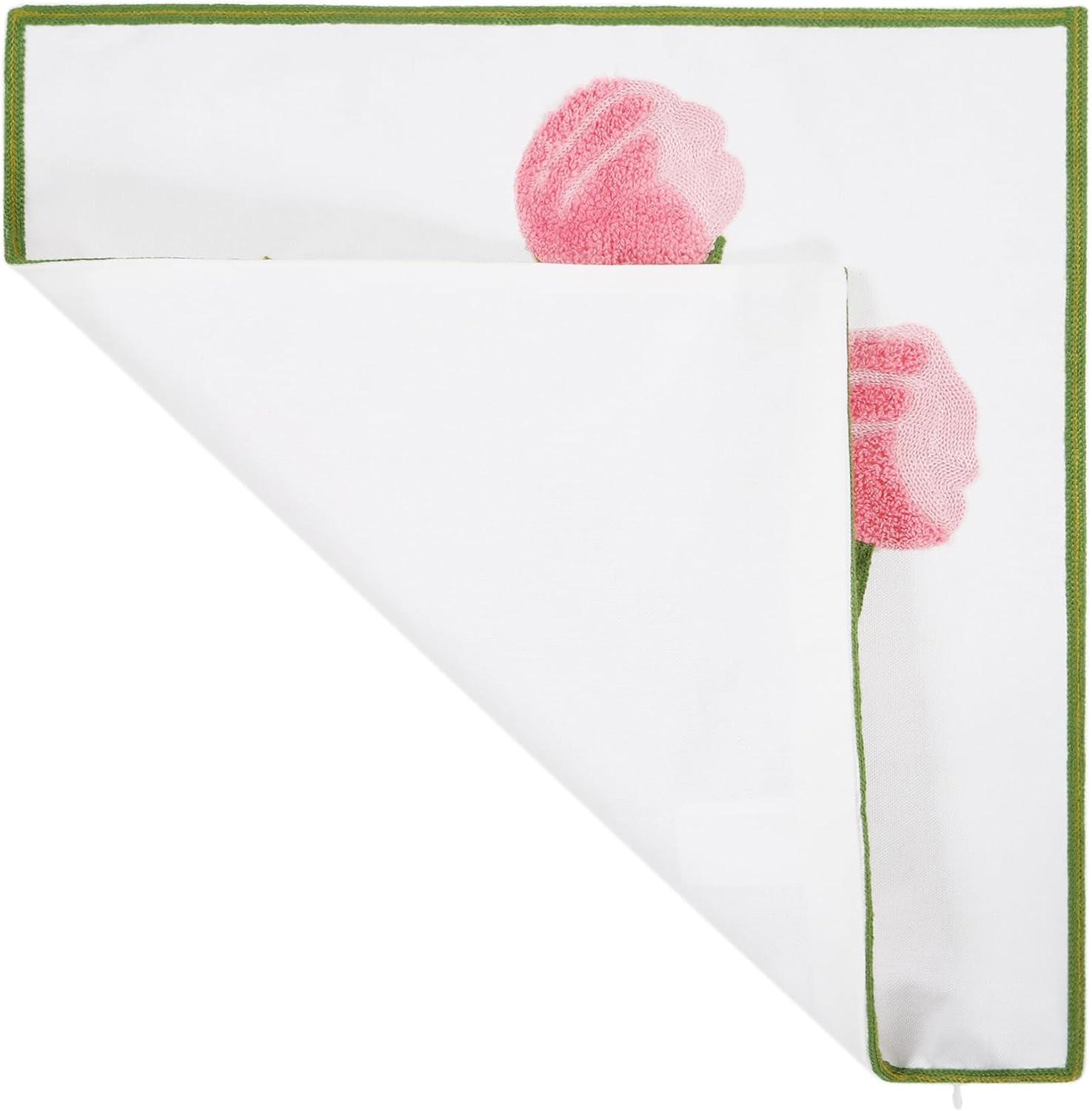 Embroidery Throw Pillow Cover 18x18 Home Decor Tulip Flower Loop Embroidered Floor Pillow Cover for Couch 100% Cotton Canvas Pillow Case Floral Cushion Cover 45x45cm, Pink Tulip, 1 Piece