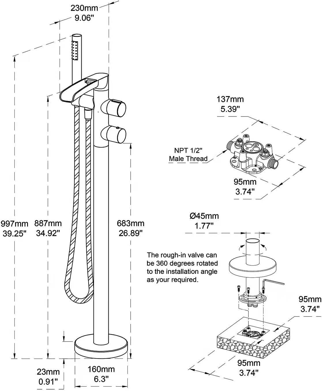 Tub Filler, Freestanding Bathtub Faucet, Floor Mounted Brass Bathroom Tub Faucets with Hand Shower, Chrome