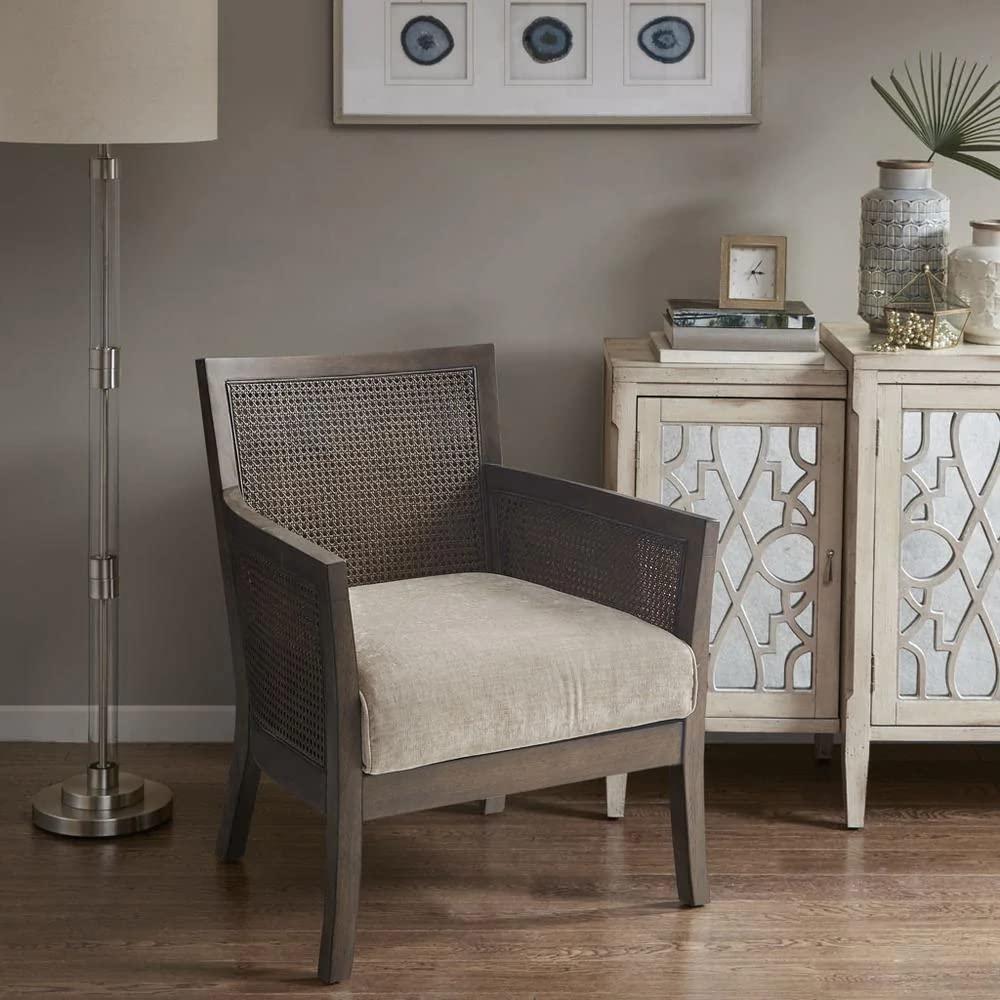 Madison Park Paulie Accent Chair Cream/Reclaimed Natural: Upholstered Wingback, Rubberwood Frame