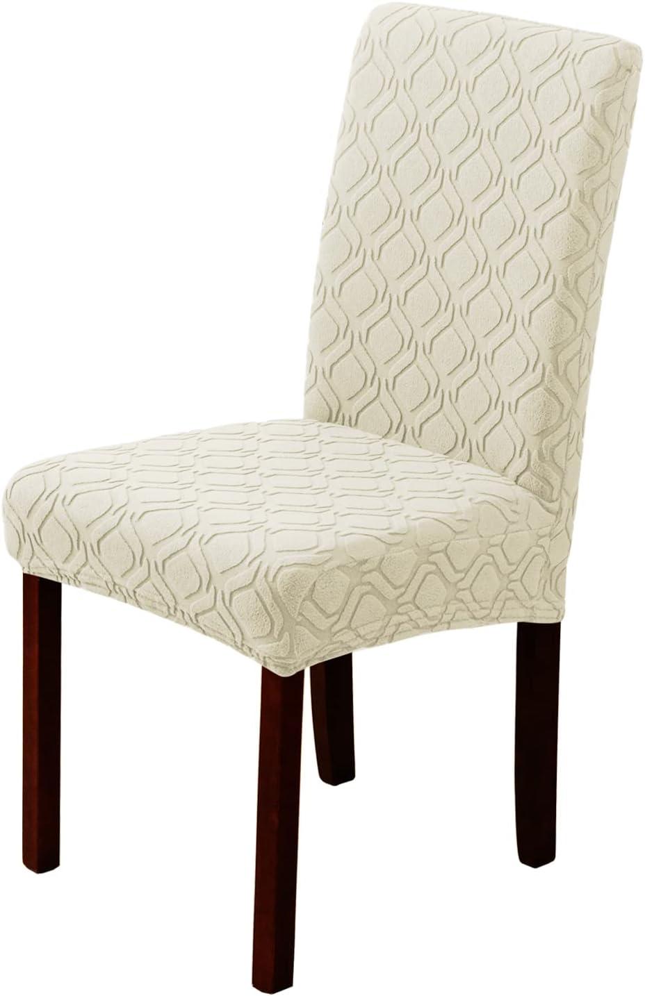 Beige Stretch Jacquard Dining Chair Covers, Set of 4