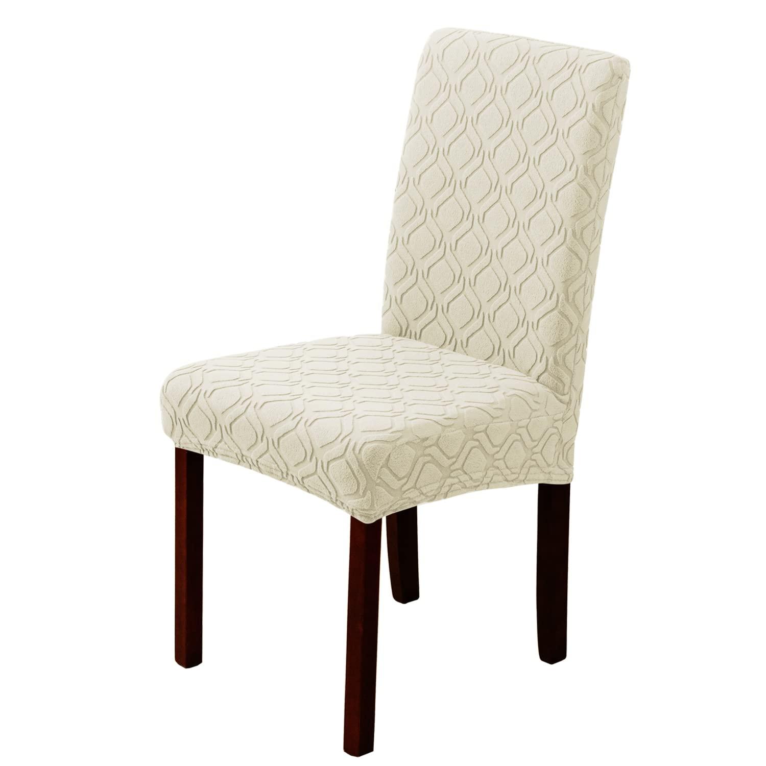 Beige Stretch Jacquard Dining Chair Covers, Set of 4