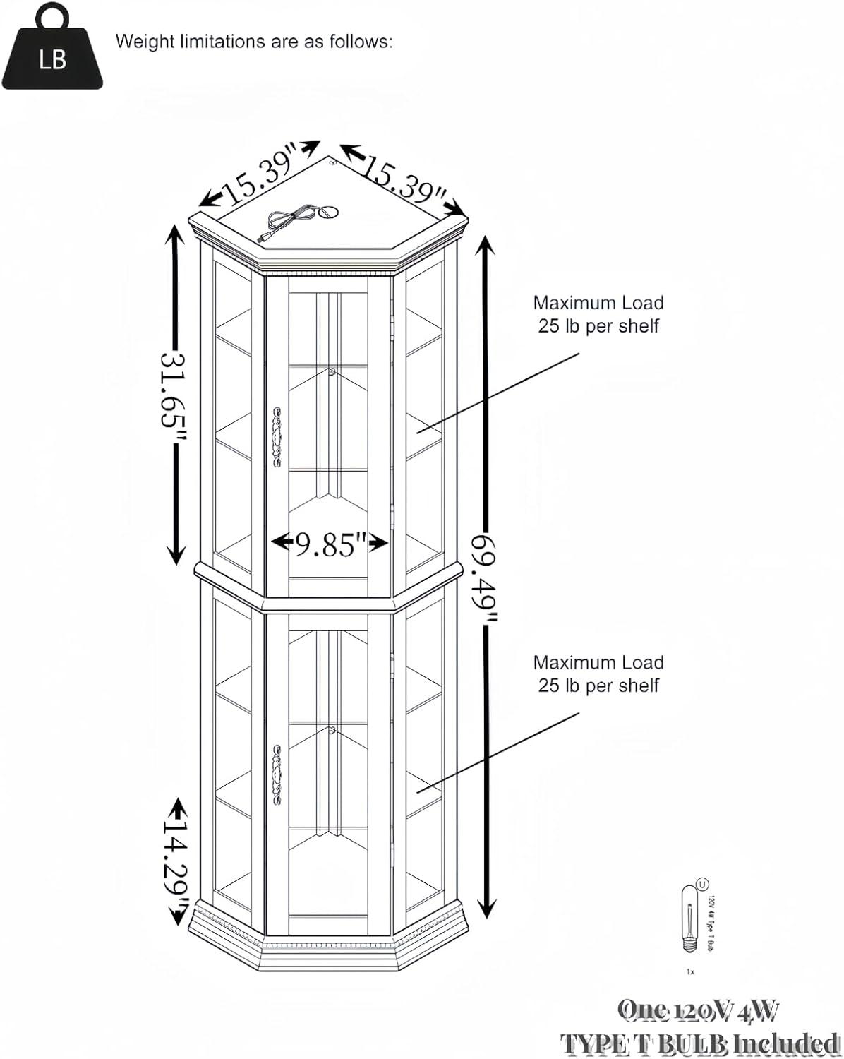 Lighted 3-Side Glass Display Curio Cabinet with Tempered Glass Doors and Shelves, Curved Wood Corner Cabinet with Bulb, Cherry