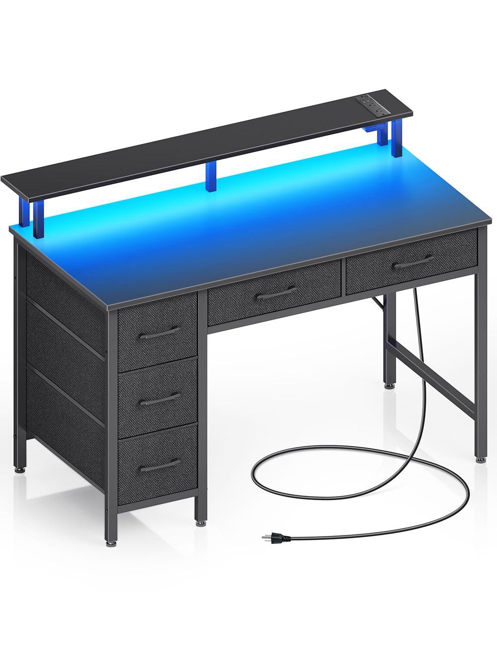 Computer Desk with Power Outlets & LED Light, 39 inch Home Office Desk with 5 Drawers, Writing Desk with Monitor Stand,Work Desk for Home Office, Black