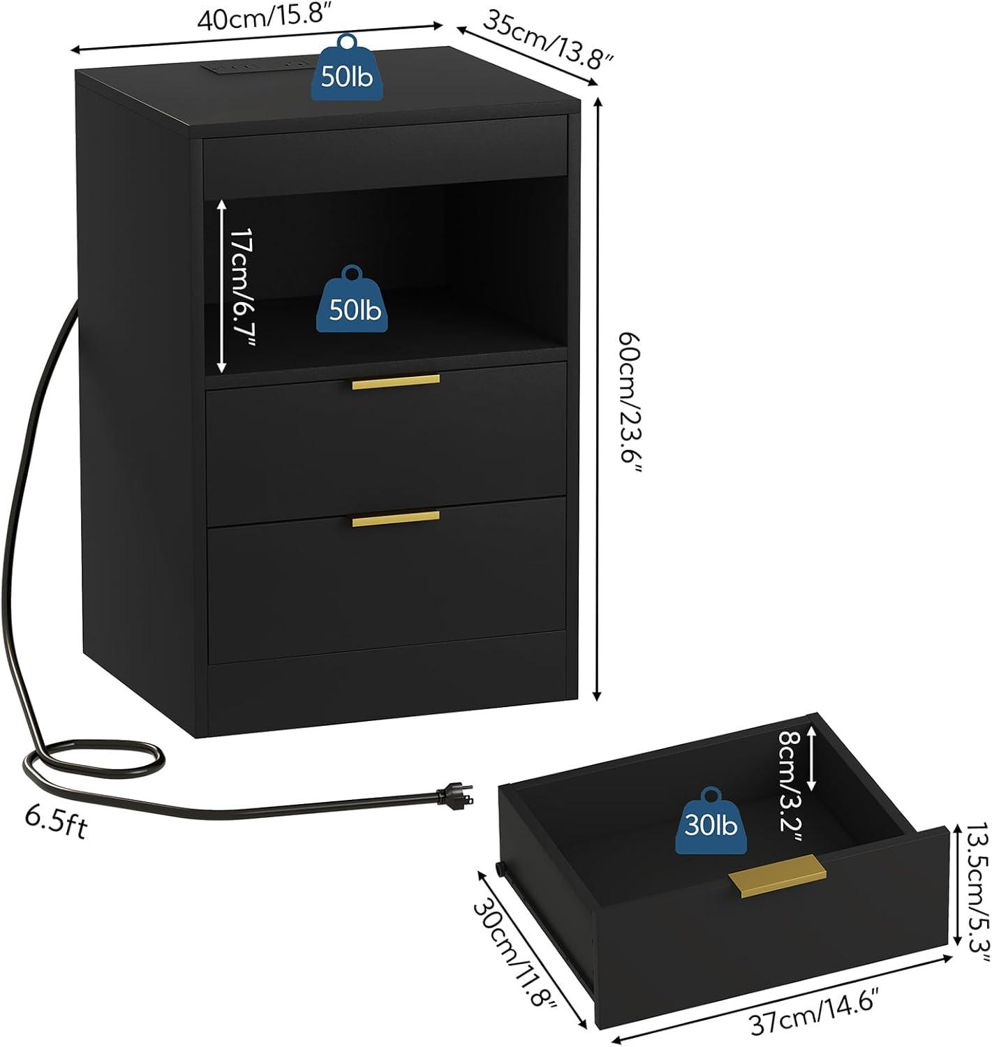 Black MDF Nightstand with LED Lights and Charging Station