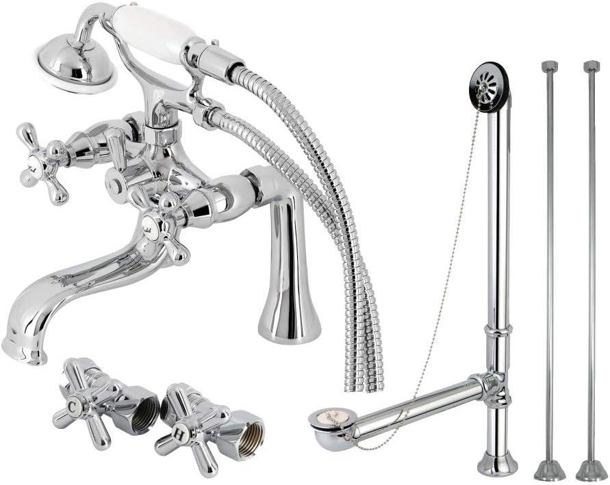 Kingston Brass Vintage Three-Handle 2-Hole Deck Mount Clawfoot Tub Faucet Package with Supply Line, Hand Shower and Tub Drain