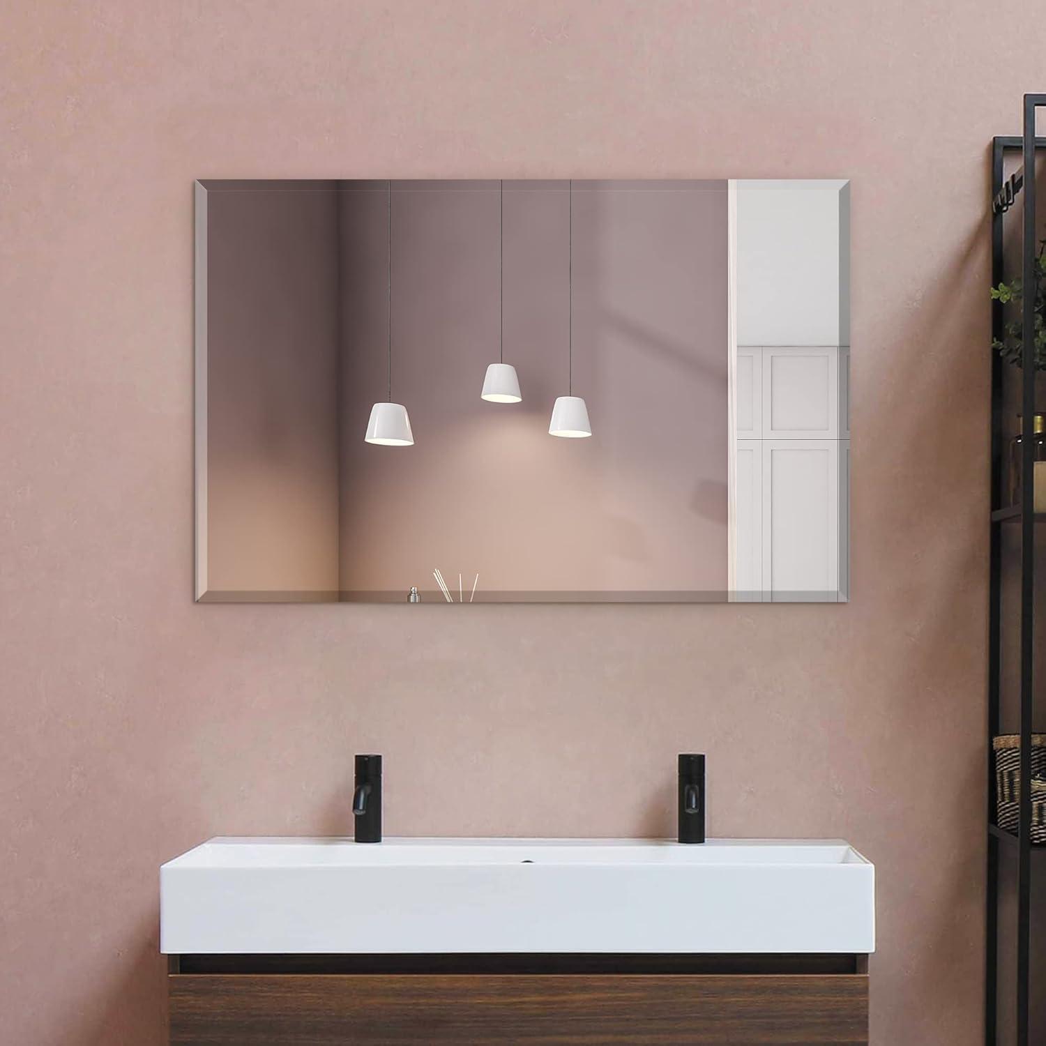 36"X48" inch Clear Rectangle Beveled Polish Frameless Wall Mirror with Hooks