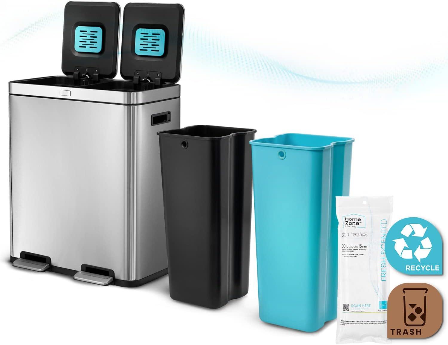 Home Zone Living 15.8 Gallon Stainless Steel Dual Kitchen Trash Can with CleanAura