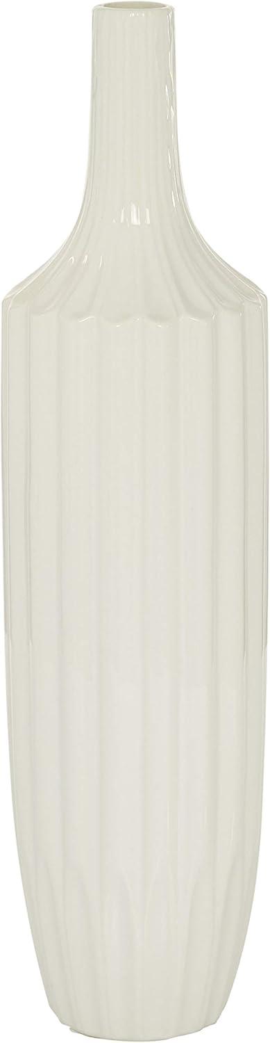 DecMode Modern Ceramic Tall White Decorative Vase with Vertical Groove Pattern 5"W x 19"H