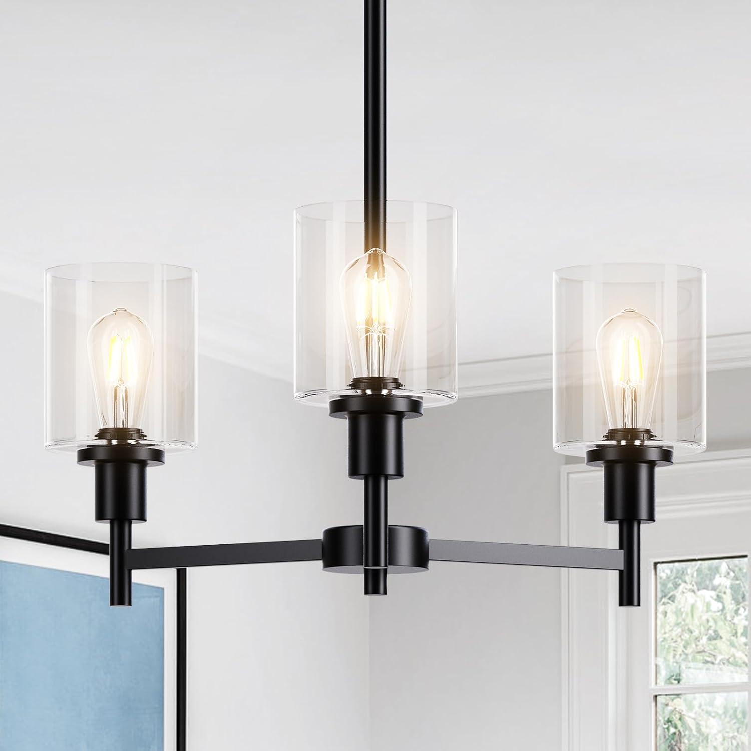 Black Chandelier for Dinning Room Living Room Island Kitchen Chandelier Light Fixtures Over Table, 3 Light Farmhouse Chandelier with Cylinder Clear Glass, Height Adjustable