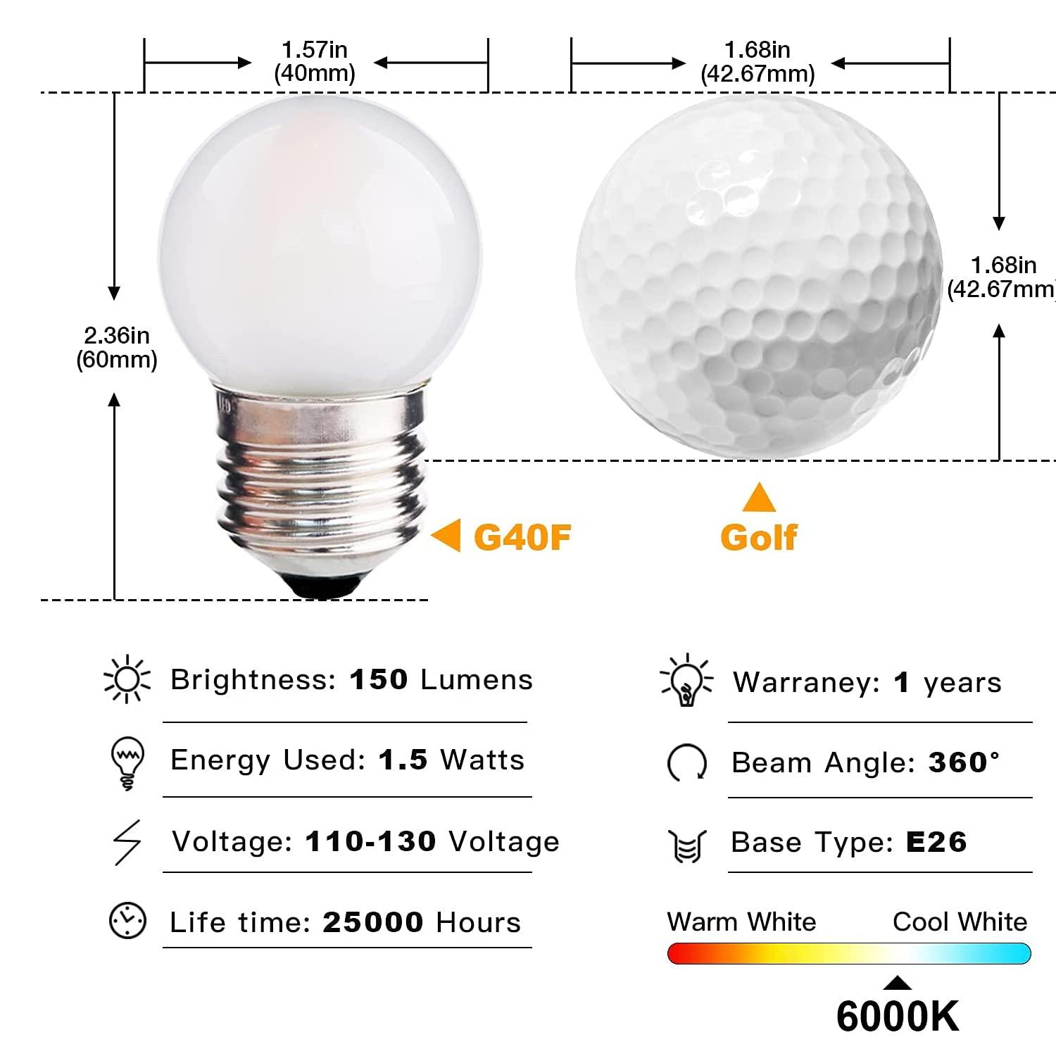 Globe Led Low Watt Light Bulbs 1.5W Equivalent 15 watt Soft White 6000k Frosted, Tiny G40 Bulbs for Bed-Side Table, Vanity Mirror, Porch, Home Decor, E26 Base Low Lumens Light Bulbs, Pack of 6