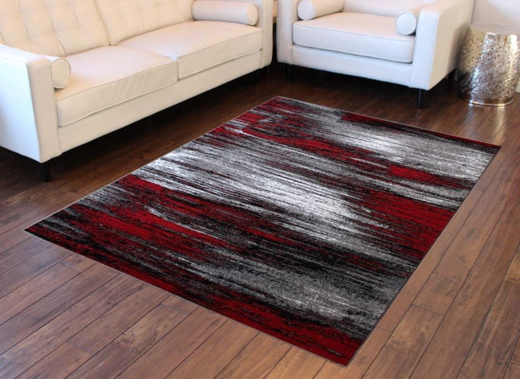 BizChair Modern Contemporary Area Rug, Red Grey Black (5 Feet X 7 Feet)