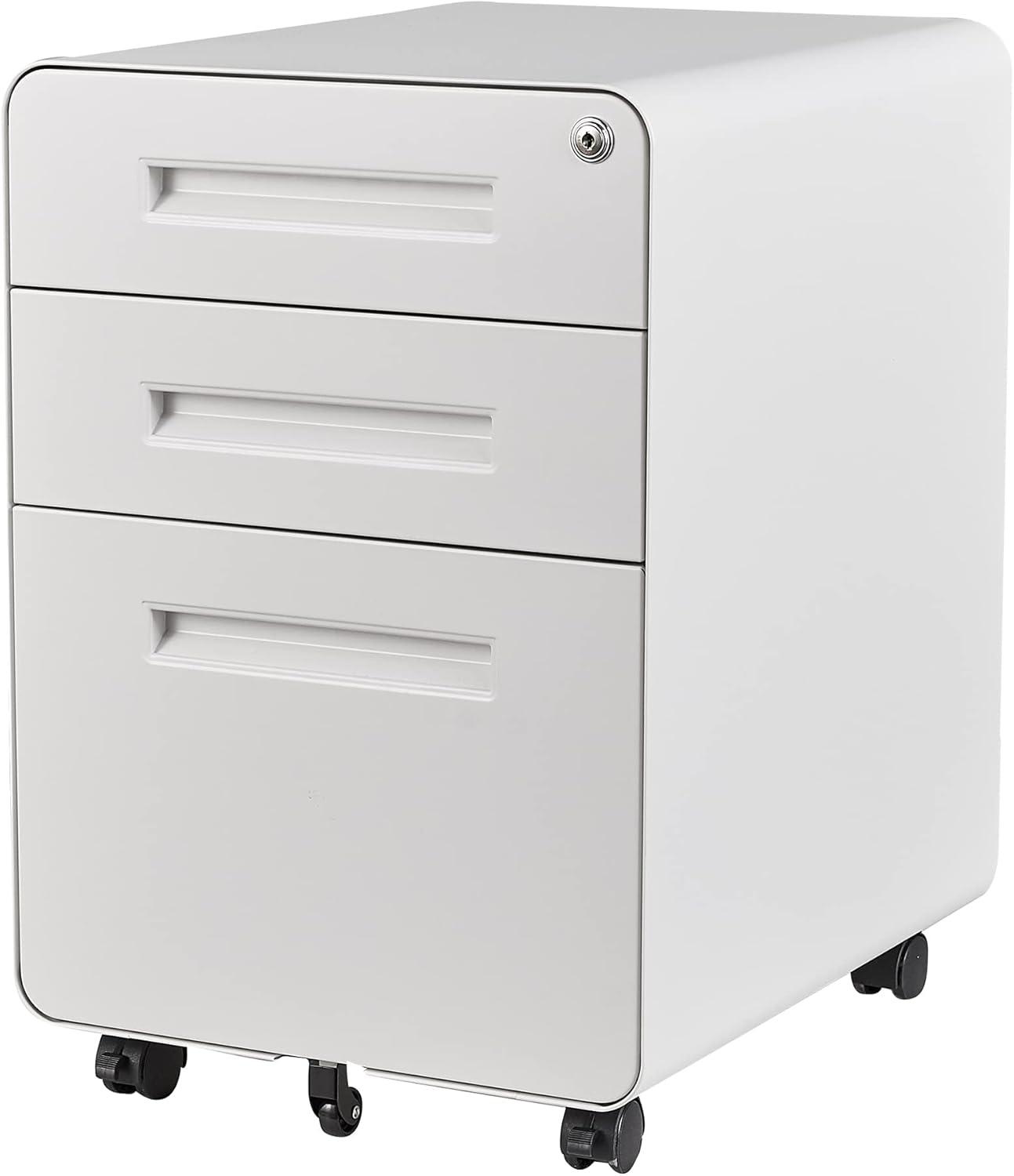 White Metal 3-Drawer Rolling File Cabinet with Lock