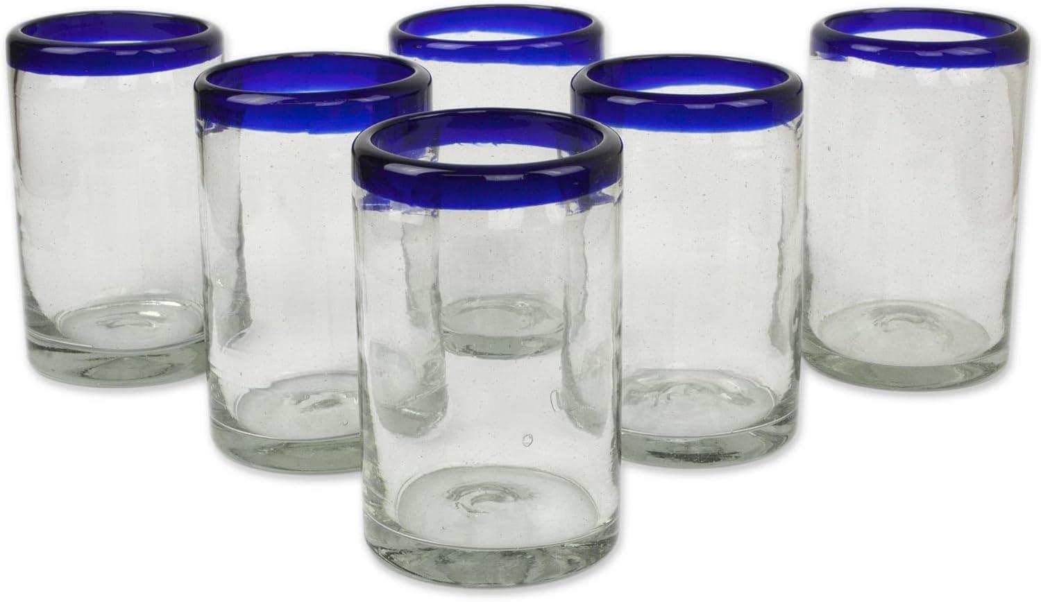 Handcrafted Clear and Blue Rim Recycled Glass Tumblers, Set of 6