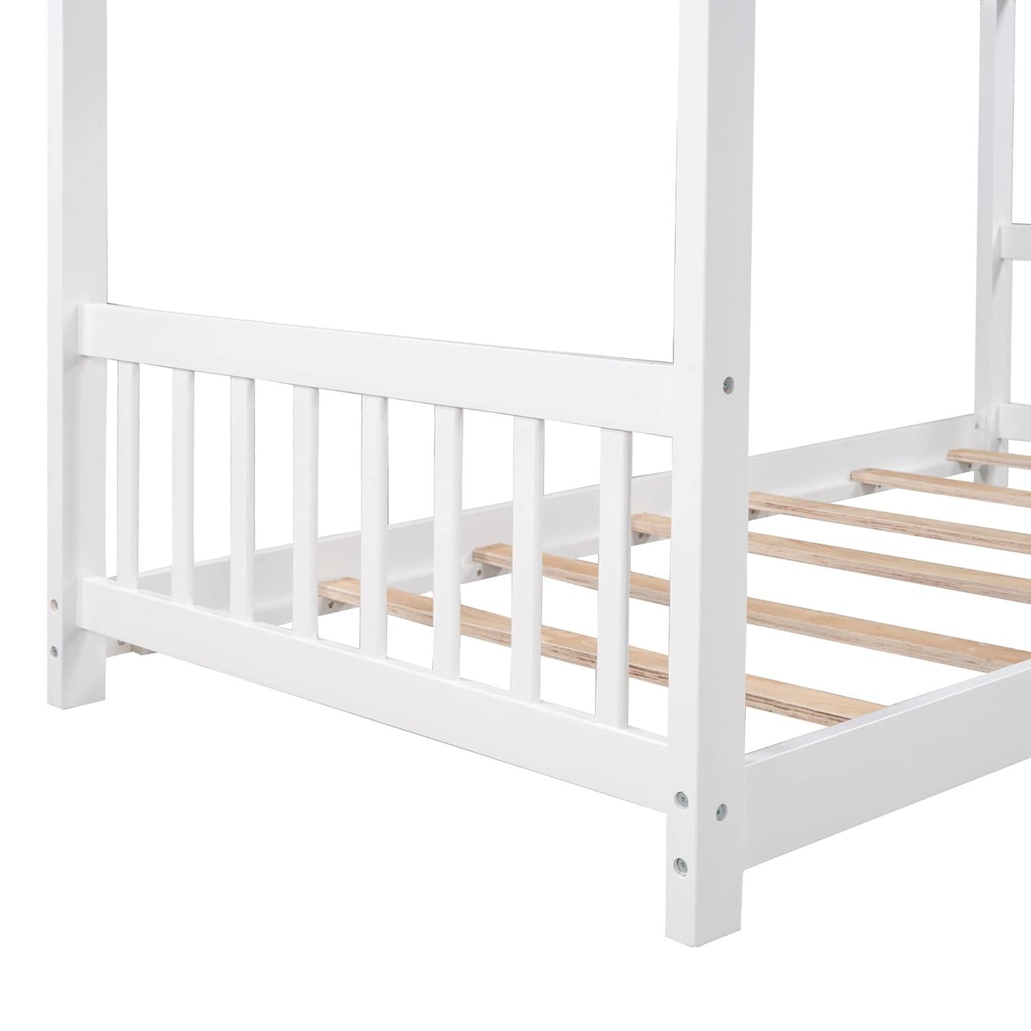 Harper & Bright Designs Twin House Bed for Kids, Floor Frame With Headboard and Footboard, Wooden Montessori Bed for Girls, Boys, White