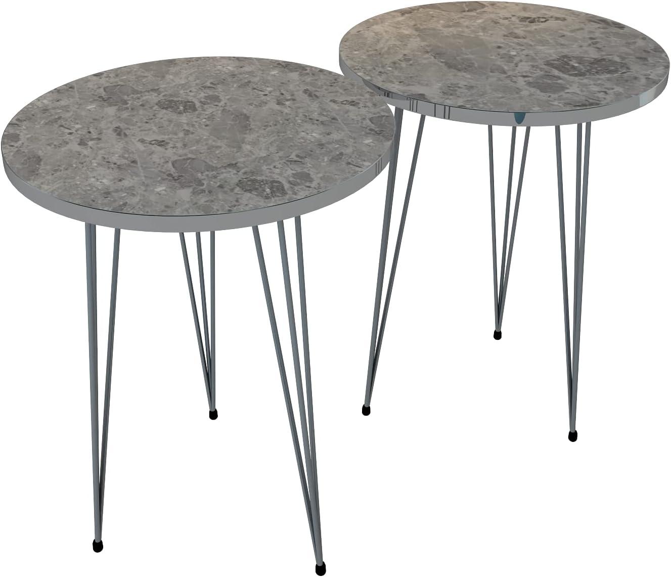 PAK HOME - Set of 2 High Gloss Grey Marble Silver Legs End Tables Round Wood Sofa Side Coffee Tables for Small Spaces, Nightstand Bedside Table with Metal Legs for Bedroom, Living Room