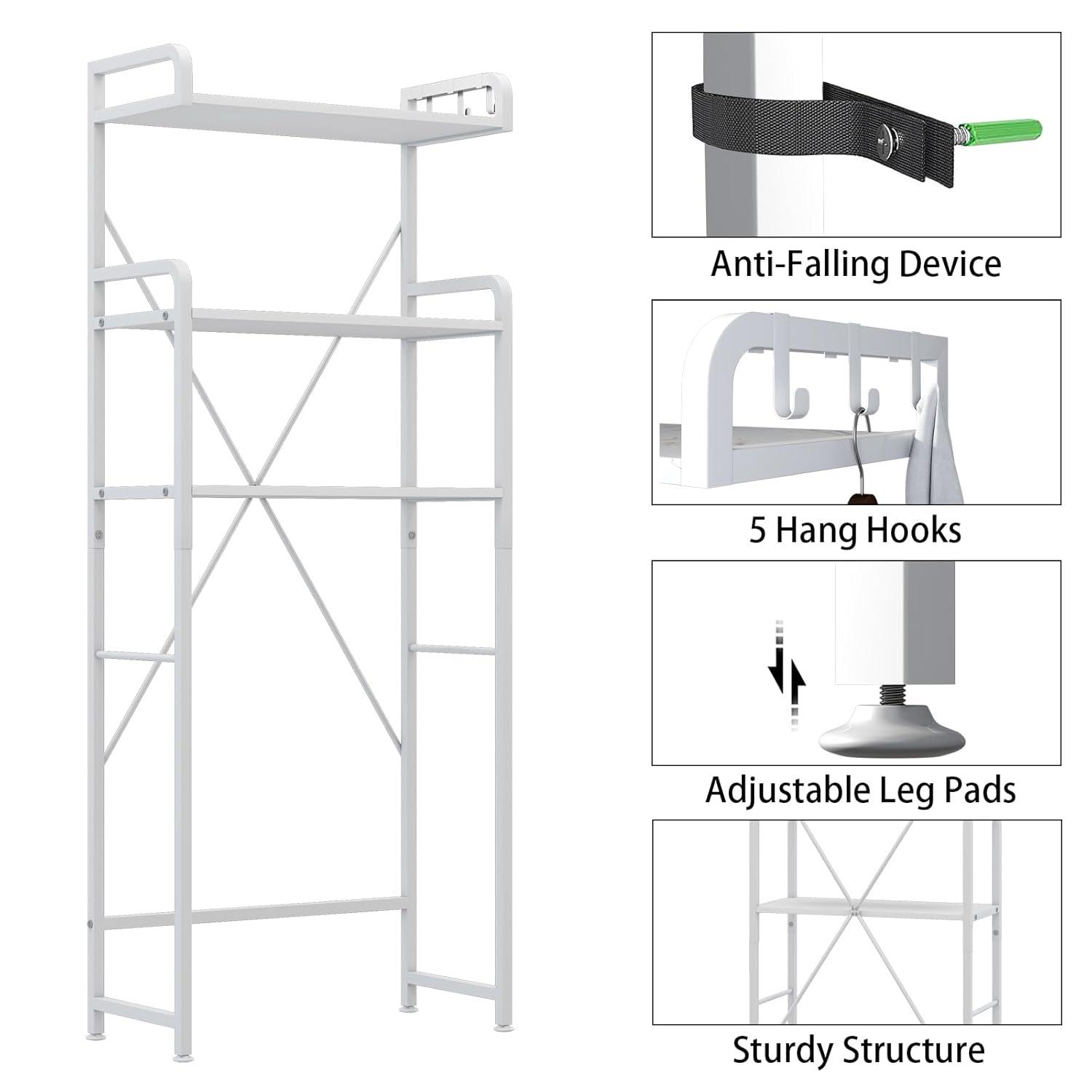Over The Toilet Storage Rack with 3-Tier Bathroom Shelves, Space Saver Toilet Shelf, Bathroom Storage Organizer with Hooks for Over Toilet Storage and Shelf (White)