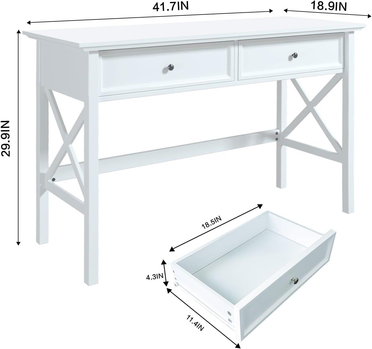 White Computer Desk with 2 Drawers, Modern Makeup Vanity Desk with Storage, Writing Desk for Home Office, 42'' Long Study Simple White Desk for Bedroom Console Table Living Room