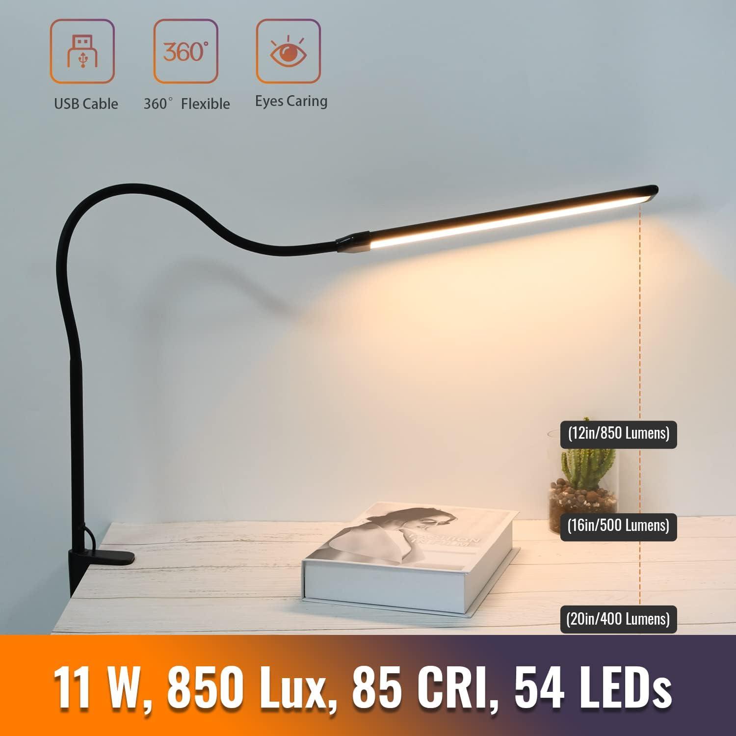 Black Adjustable LED Clip-on Desk Lamp with USB Cord