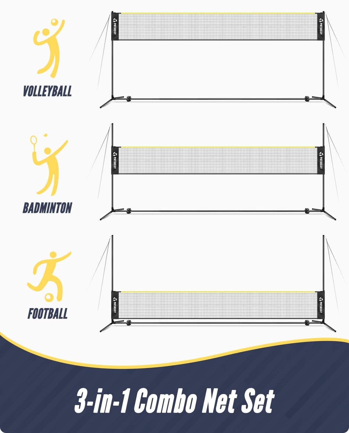 17FT Badminton Volleyball Combo Net Set for Backyard, 5.1ft-7.4ft Adjustable Heigh Portable Sports Net with Poles, 4 Badminton Rackets, 3 Shuttlecocks and Volleyball for Driveway Game